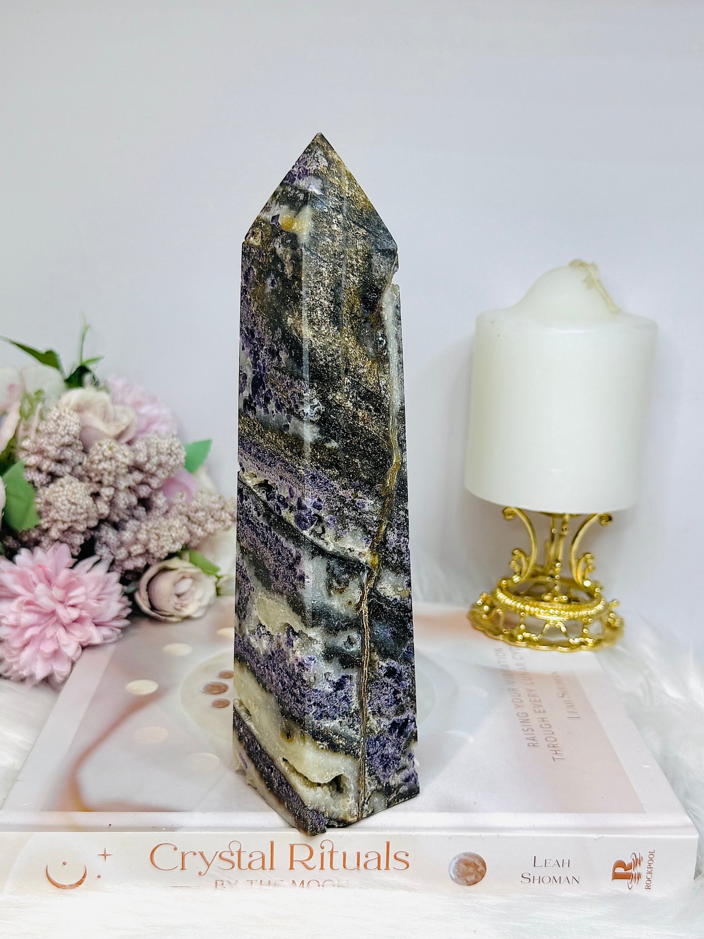 Large Purple Fluorite X Sphalerite Druzy Tower 20cm 747g