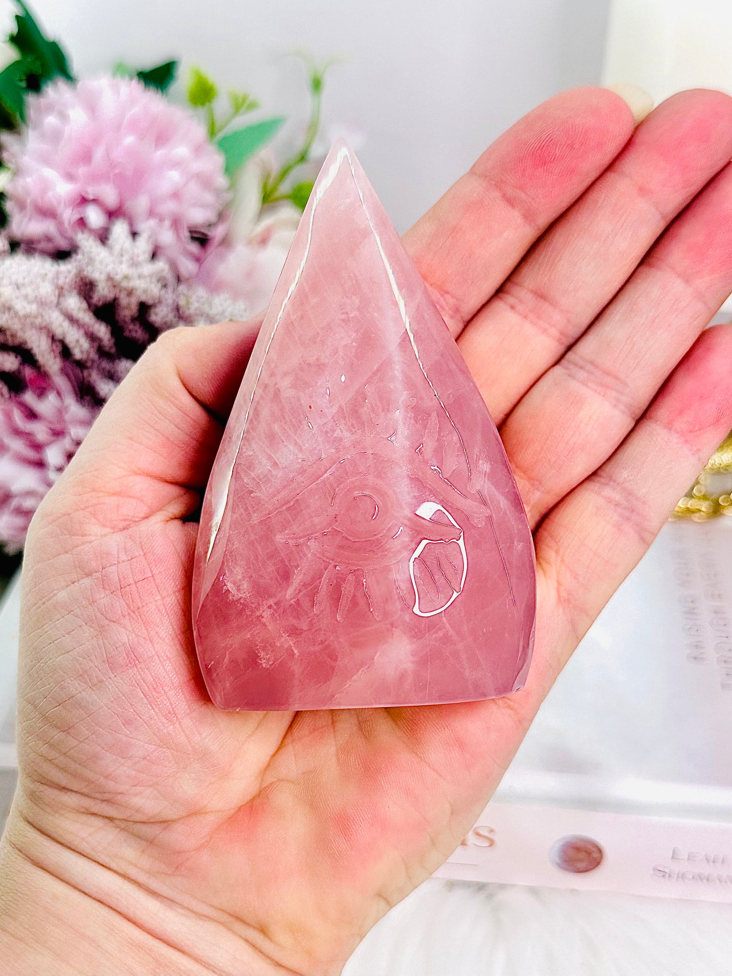 Absolutely Divine 9cm High Grade Rose Quartz Evil Eye Carved Flame