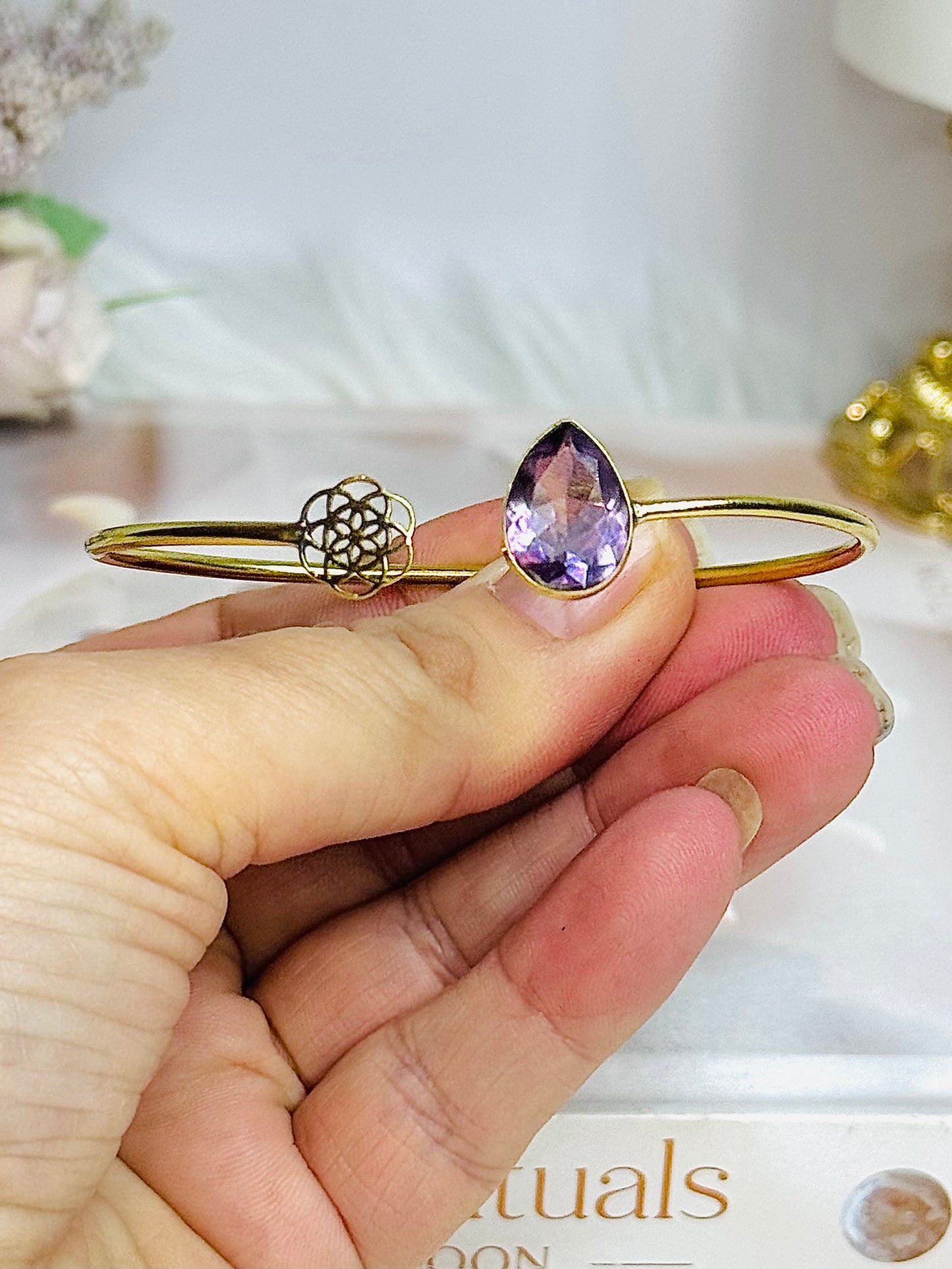 Brass & Amethyst Flower of Life Bangle