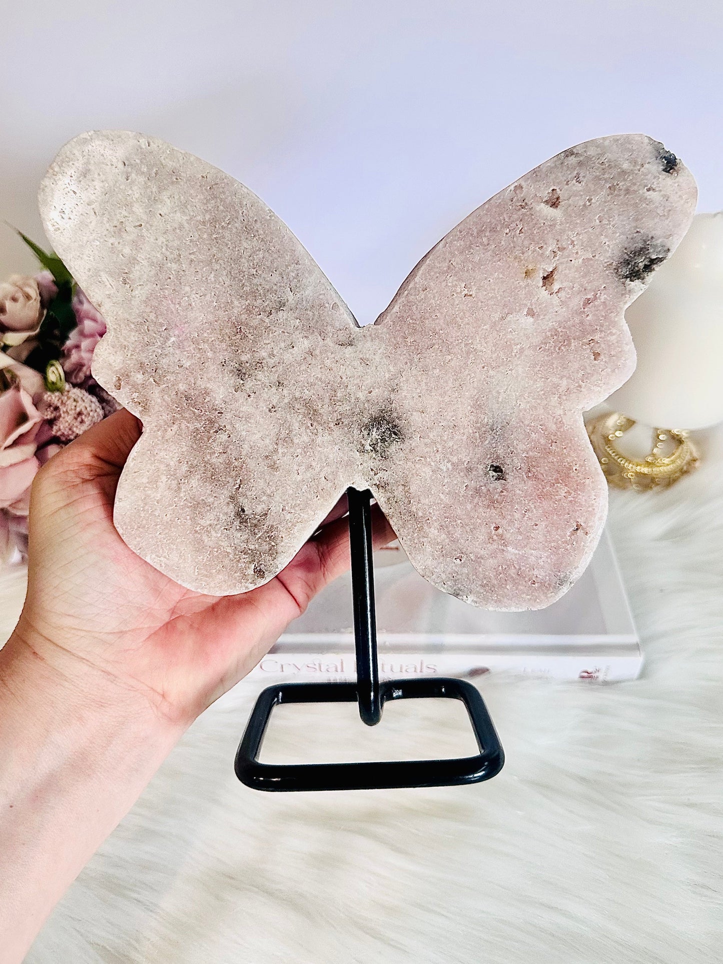 Huge Pink Amethyst Druzy Chunky Butterfly on Stand 1.35KG 19.5cm