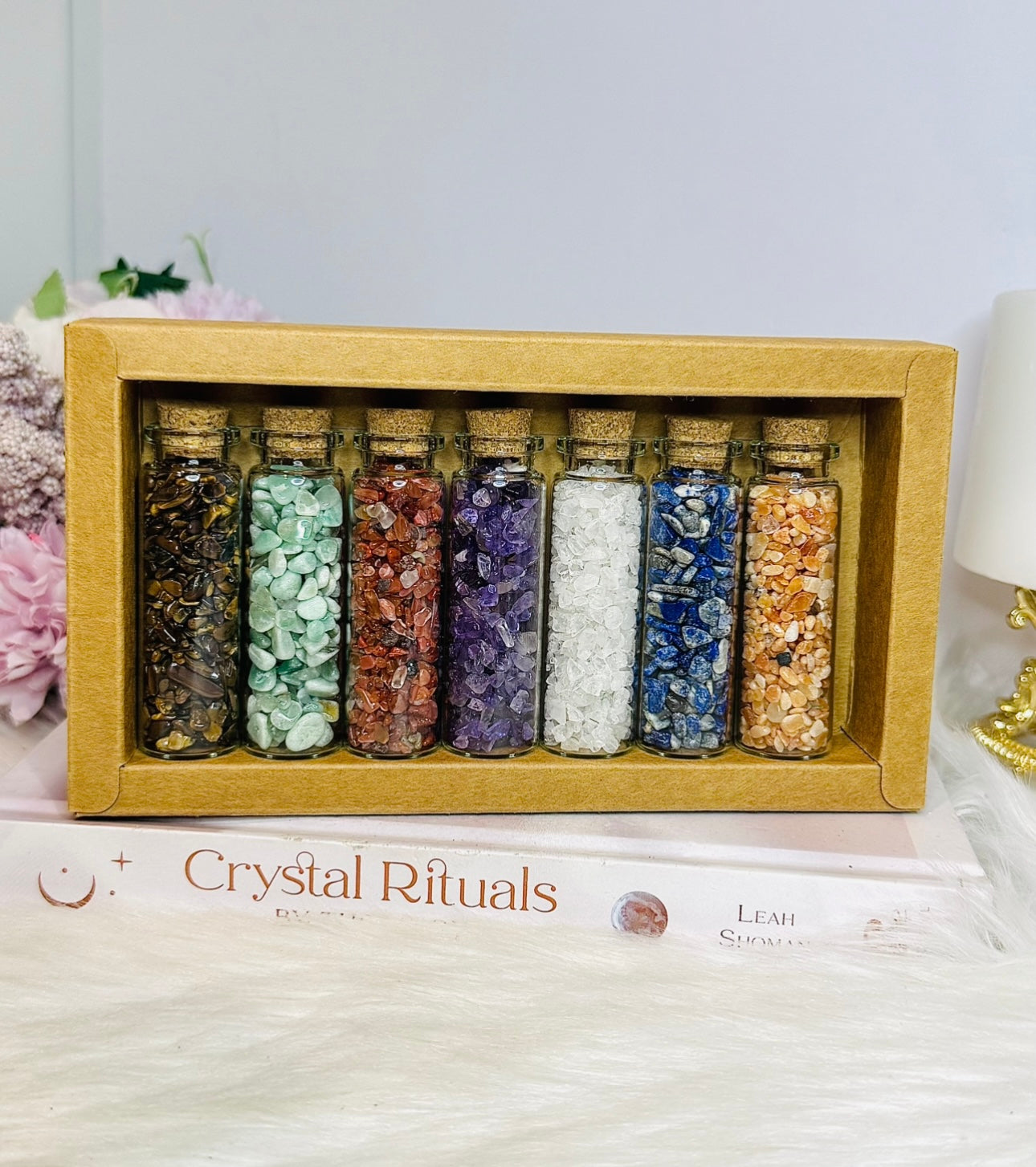 Set Of 7 Glass Chakra Crystal Chip Bottles 18cm