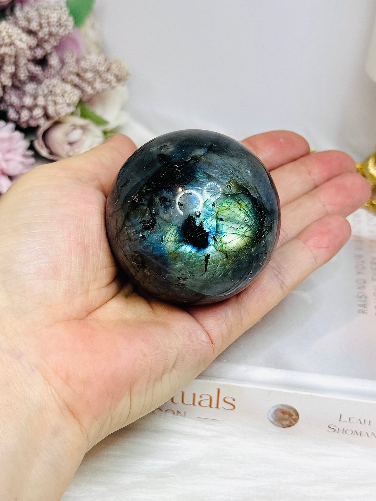 Large Blue Flash Labradorite Sphere On Stand 277g