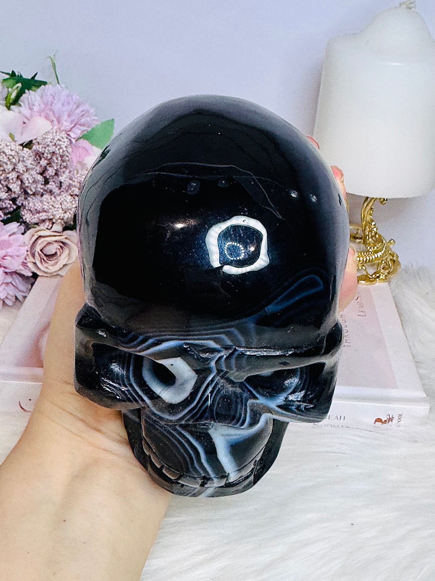 Huge Black Striped Agate Carved Skull 1.85KG 13cm