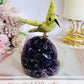 High Grade Deep Purple Amethyst Base Cut Cluster with Jade Carved Hummingbird 13cm