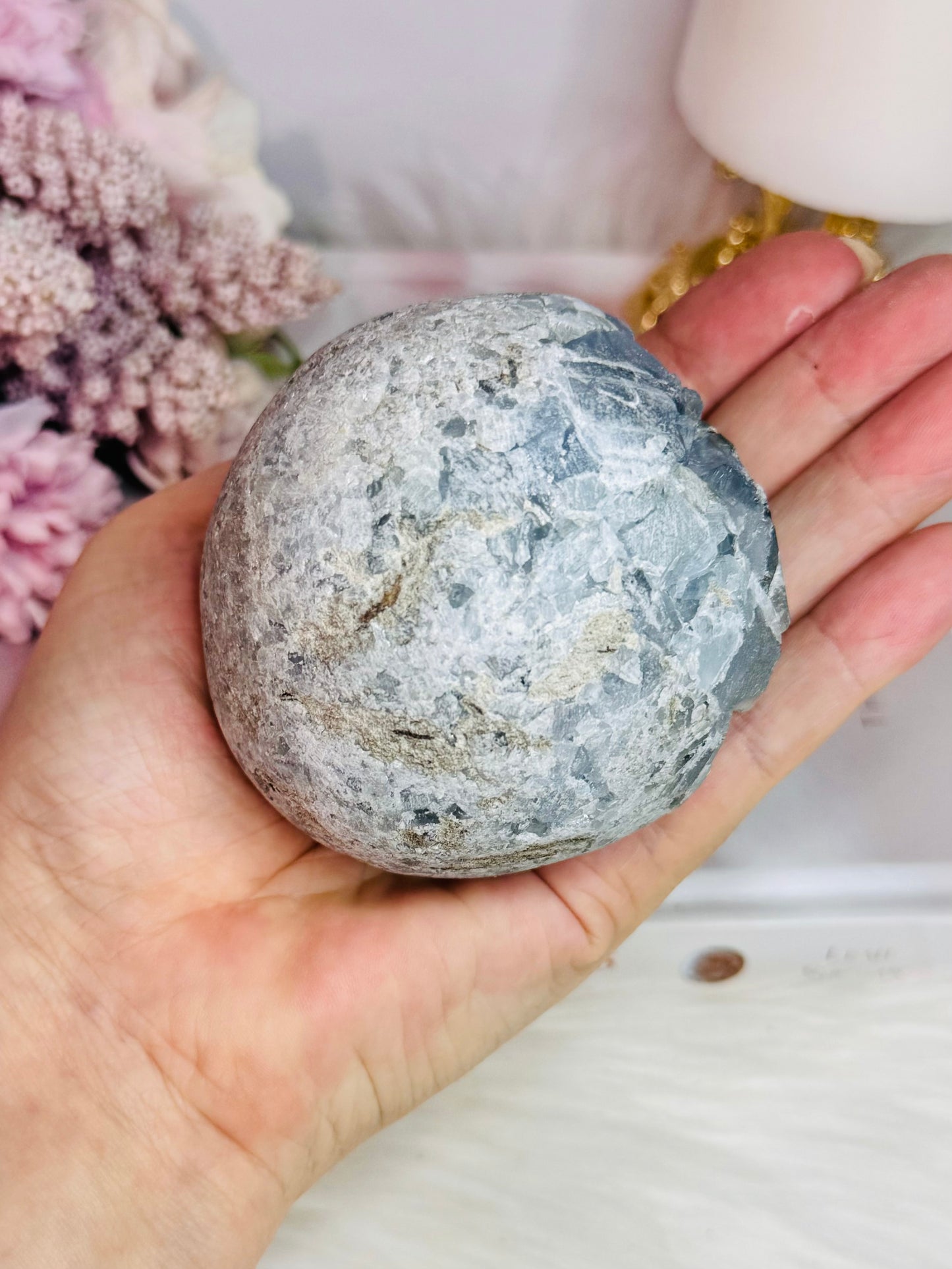 Blue Celestite Large Chunky Natural Druzy Sphere On Stand 648grams