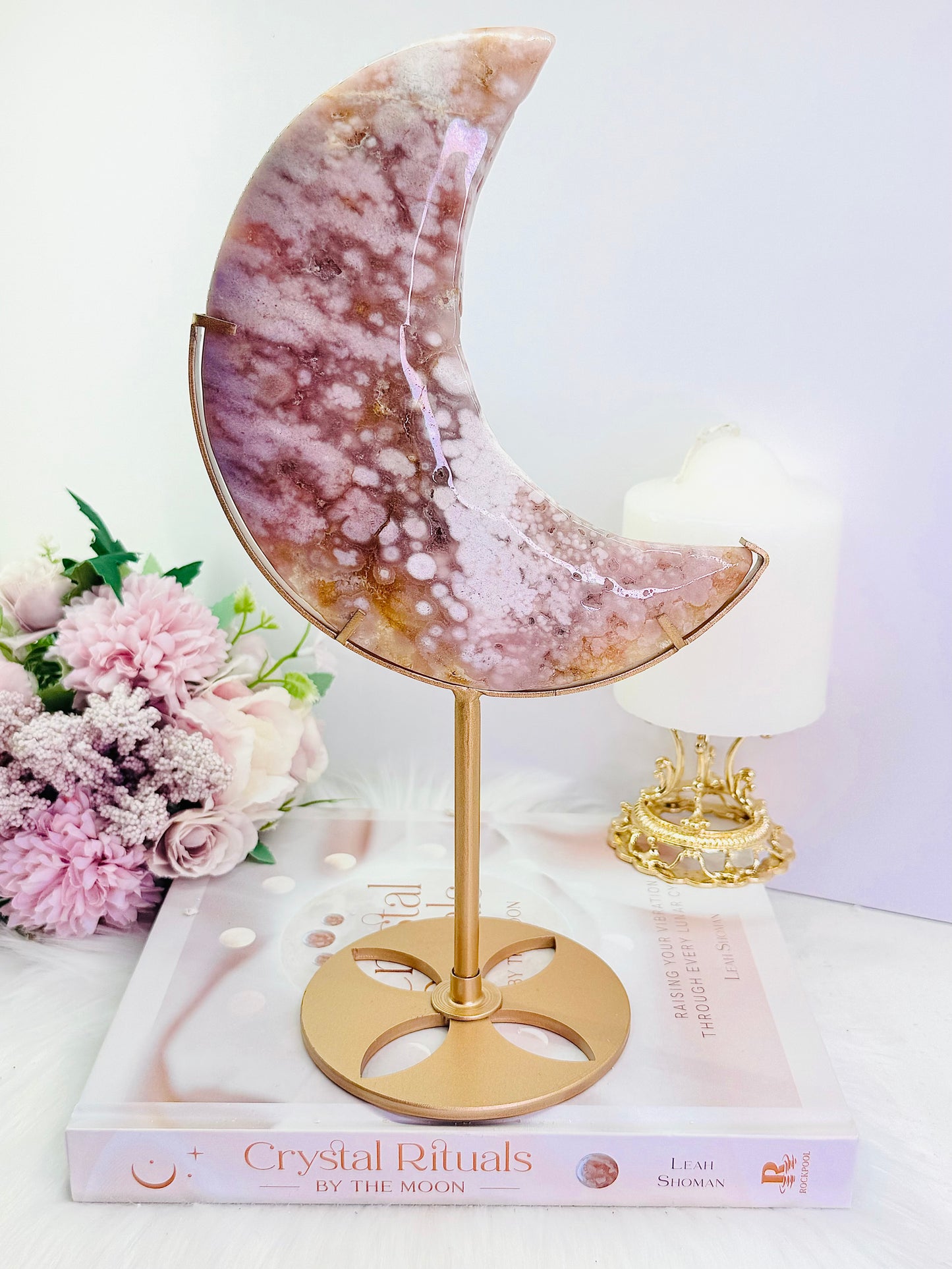 Absolutely Spectacular Large 28cm (Inc Standing) Druzy Pink Amethyst Carved Moon On Gold Stand From Brazil