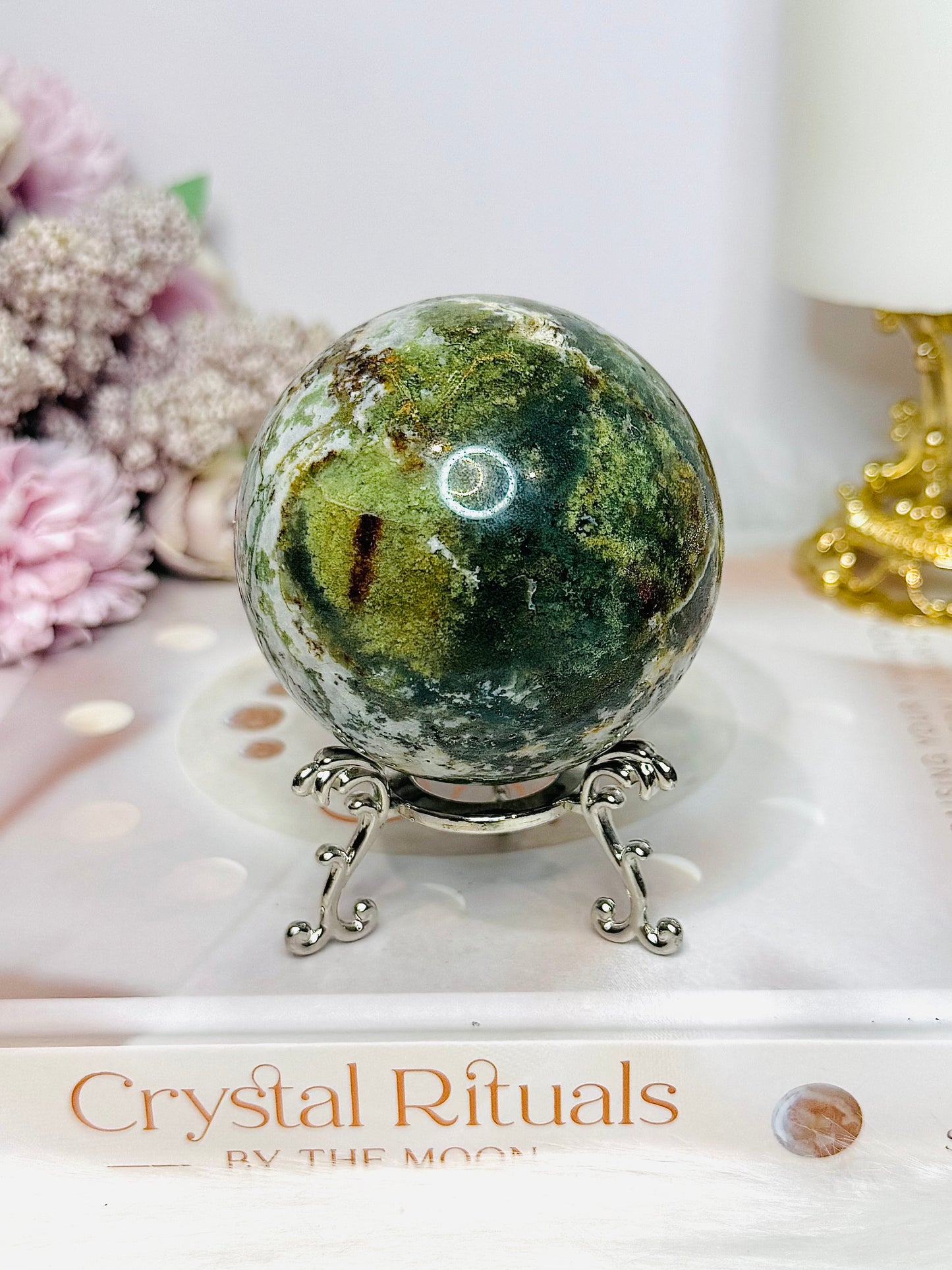 Druzy Moss Agate Sphere on Stand 428g