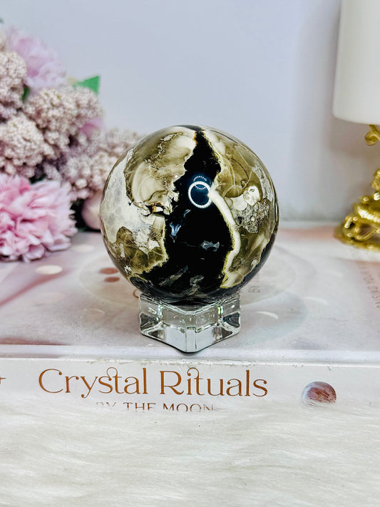 Natural Volcano Agate Druzy Sphere UV Reactive On Stand 297grams