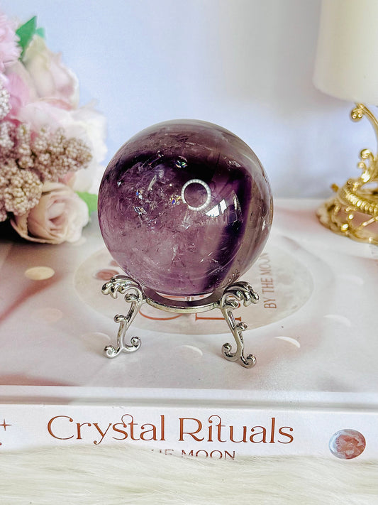 Incredible Phantom Amethyst Sphere with Rainbows 261grams On Stand