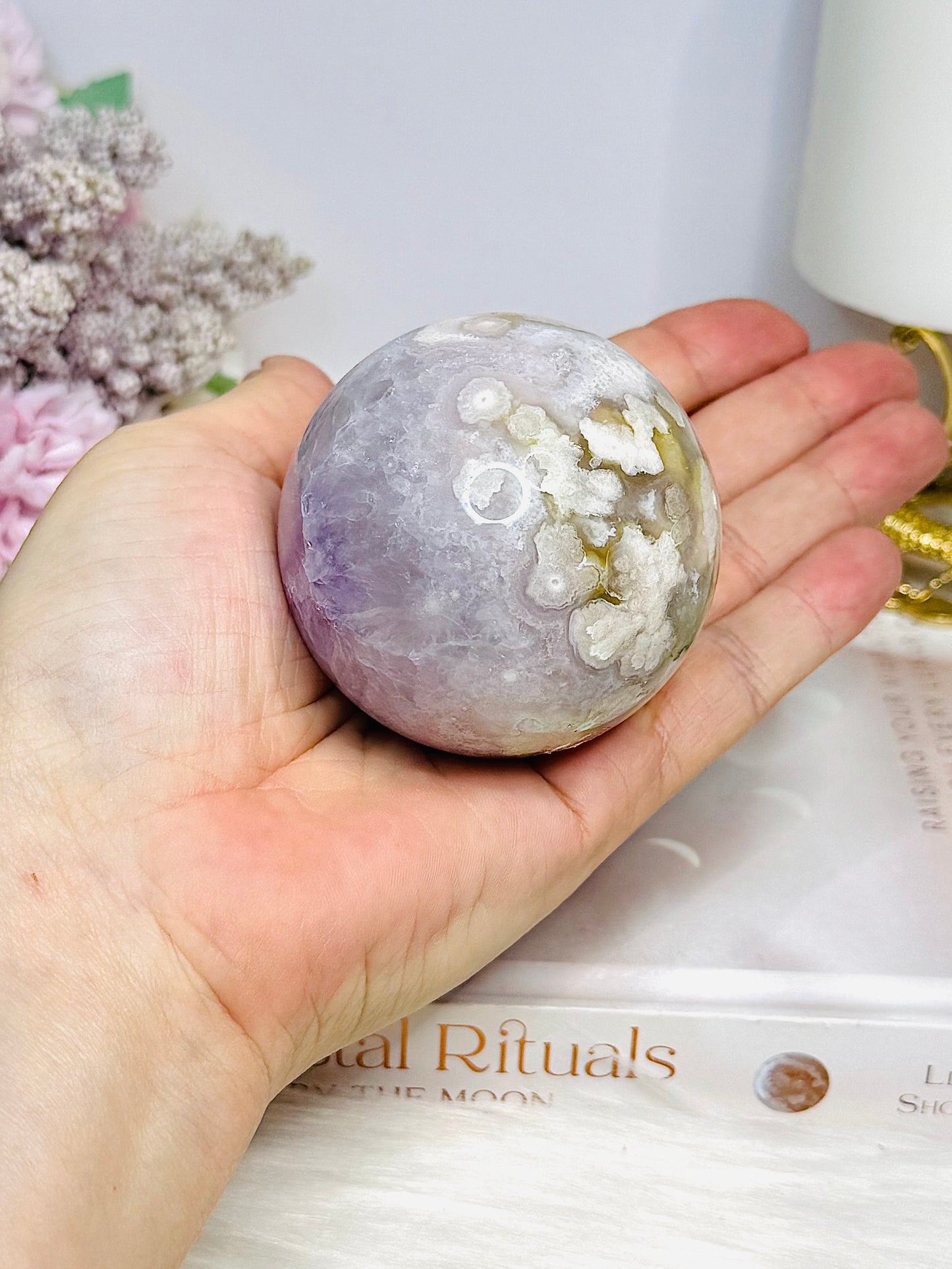 Flower Agate X Amethyst Sphere on Stand 280g