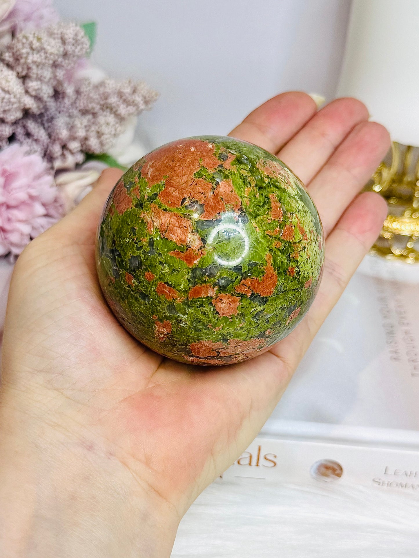 High Grade Large Unakite Sphere on Stand 454g