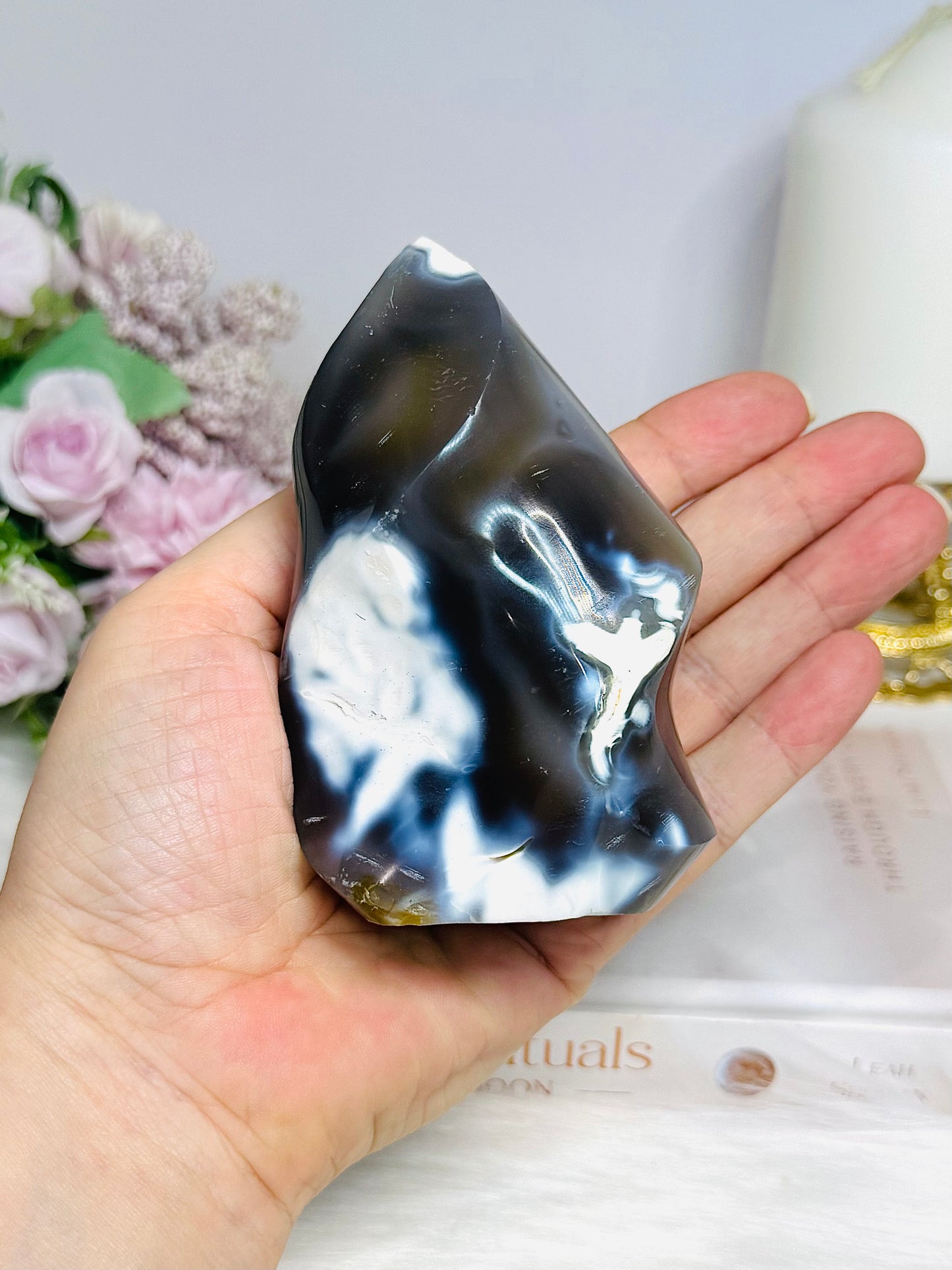 Orca Agate Carved Flame 10cm 375g