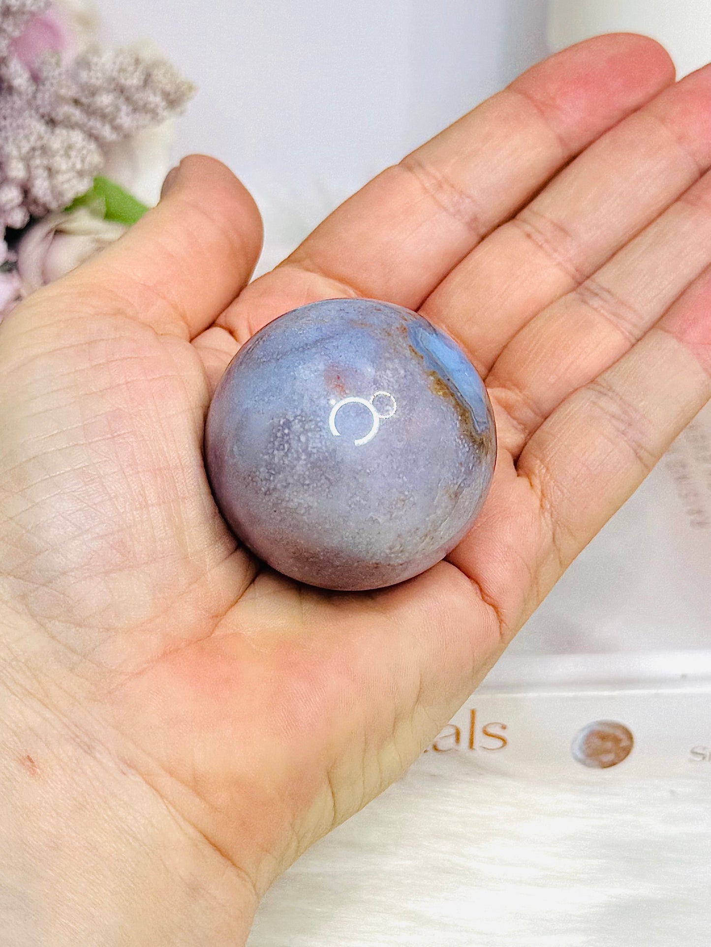 High Grade Blue Flower Agate Sphere on Stand 104g