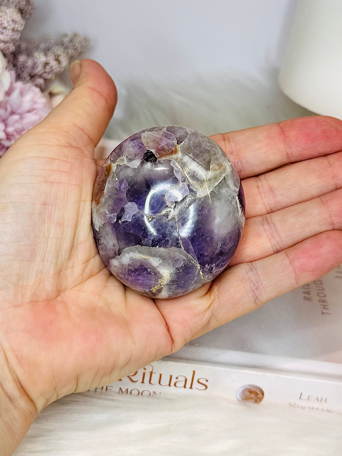 Large Chevron Amethyst Palm Stone (stand is display only)