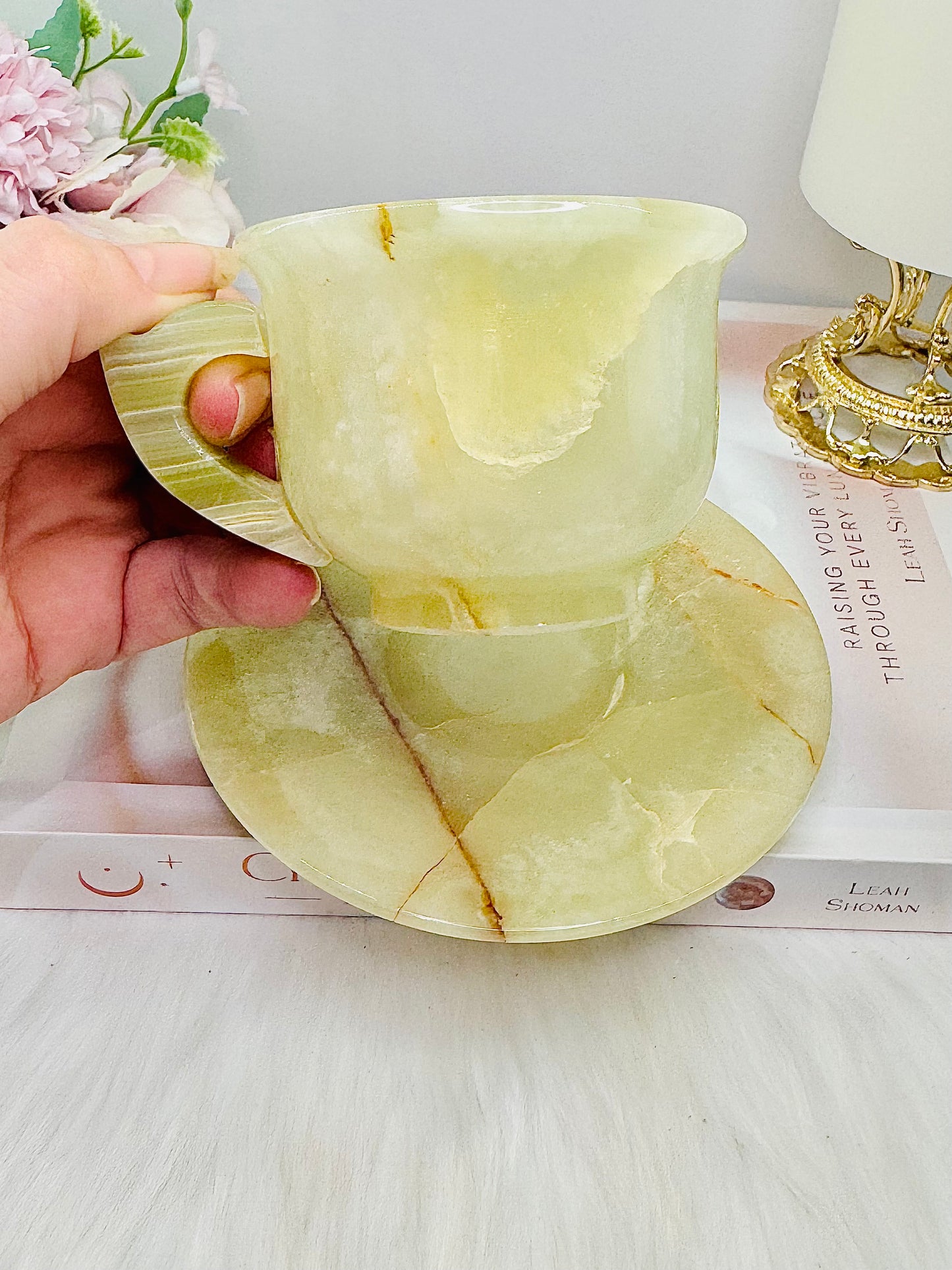 Green Onyx Carved Tea Cup & Saucer Set