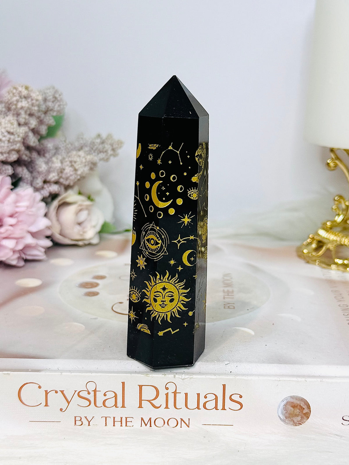 Black Obsidian Gold Sun & Moon Tower 10cm