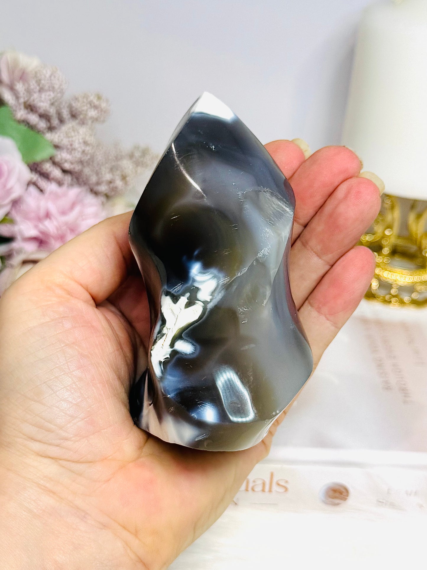 Orca Agate Carved Flame 10cm 375g