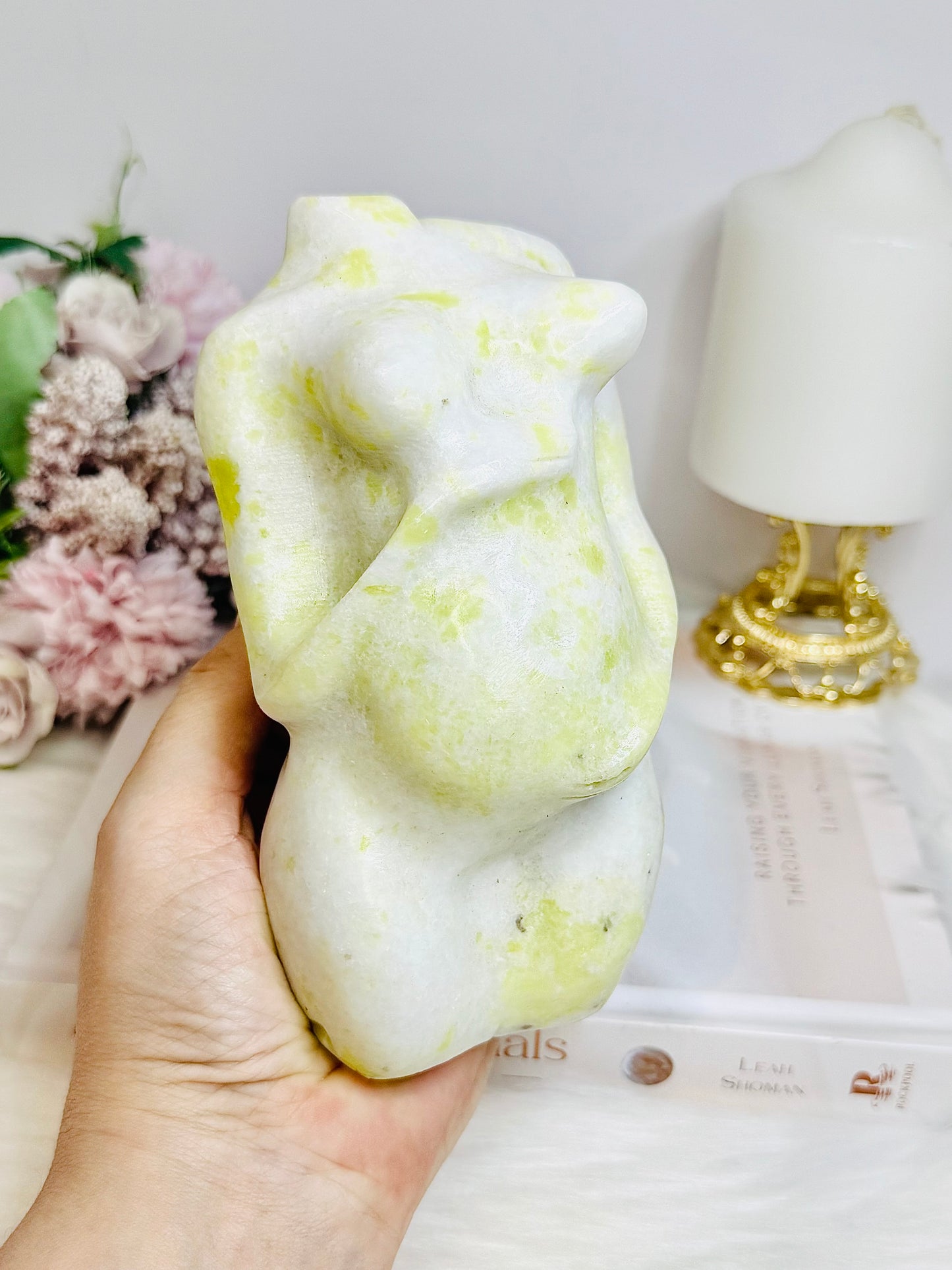 Large Lemon Serpentine Jade Pregnant Woman Carving 15cm 1.02KG