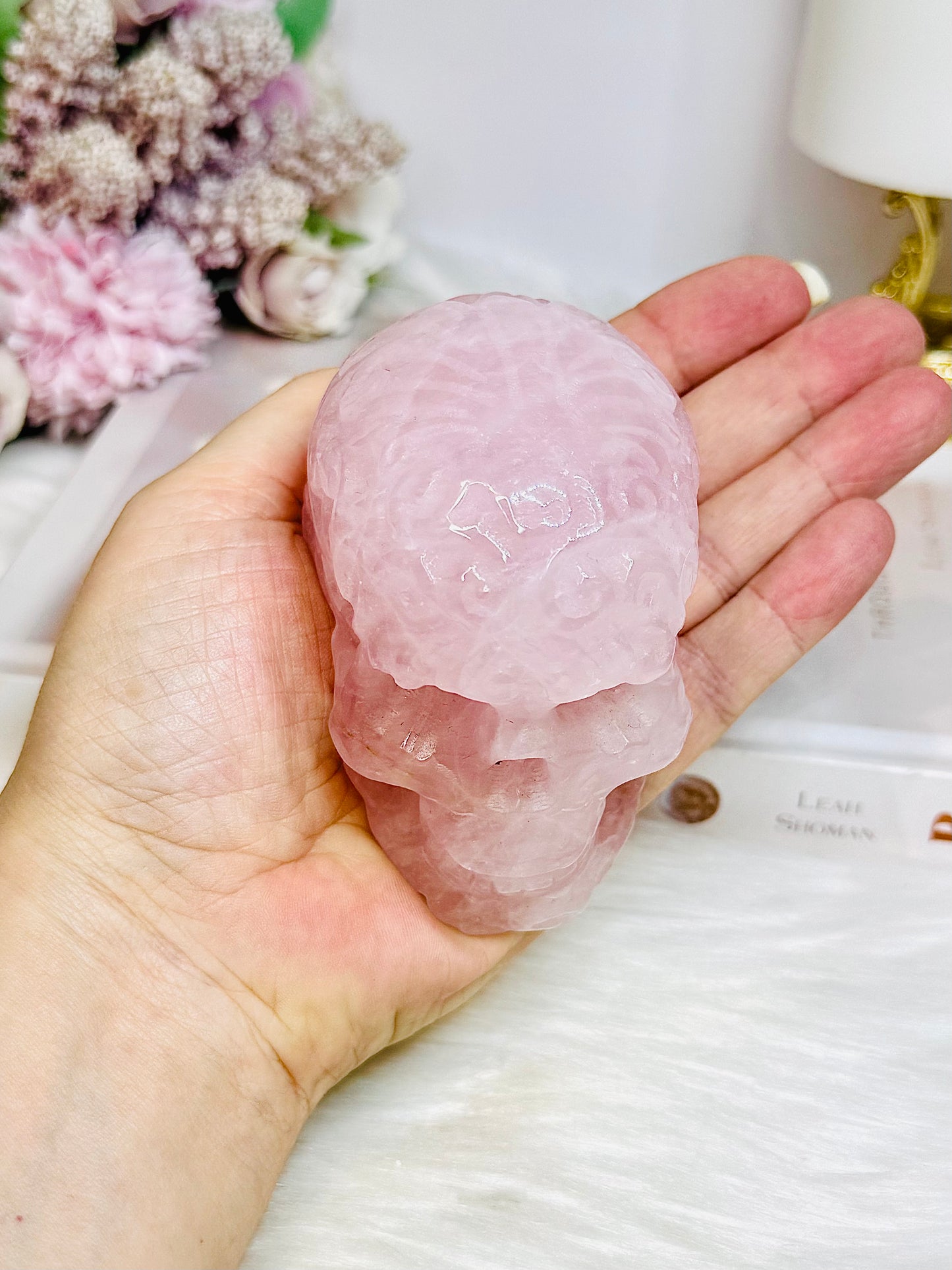 Large Rose Quartz Filigree Skull 8.5cm 407g
