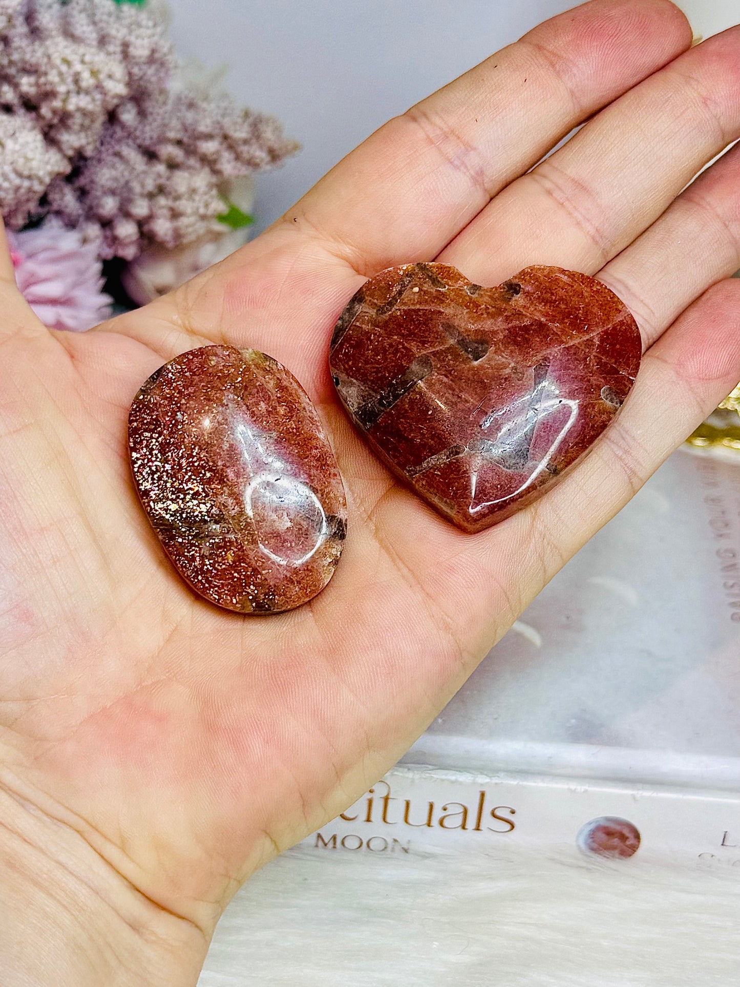 High Grade Golden Sunstone Carved Heart & Palmstone Set