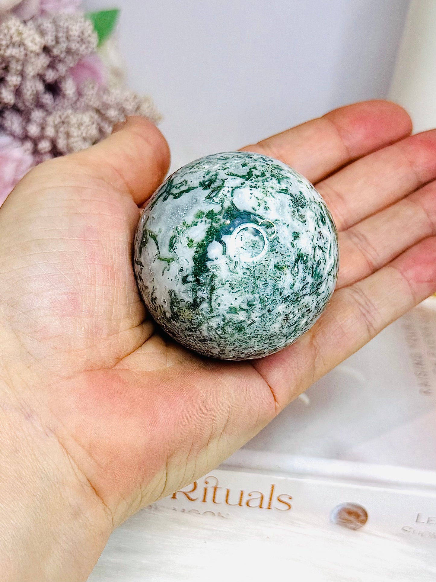 Druzy Moss Agate Sphere On Stand 172g