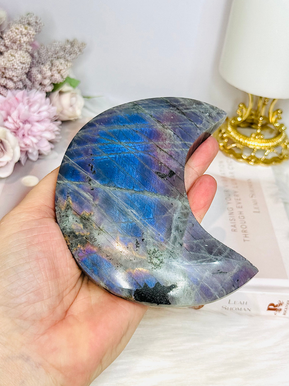 High Grade Large Labradorite Carved Moon Full of Flash 19.5cm