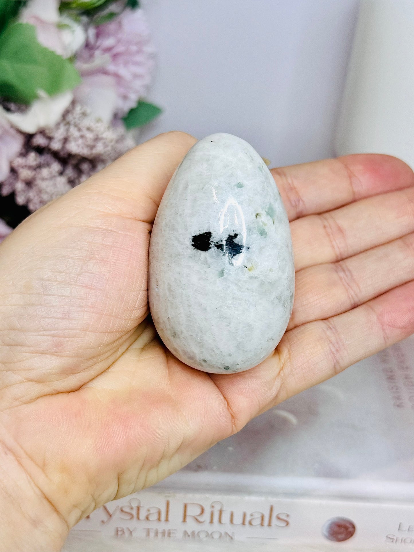 Rainbow Moonstone Carved Egg on Stand 6cm