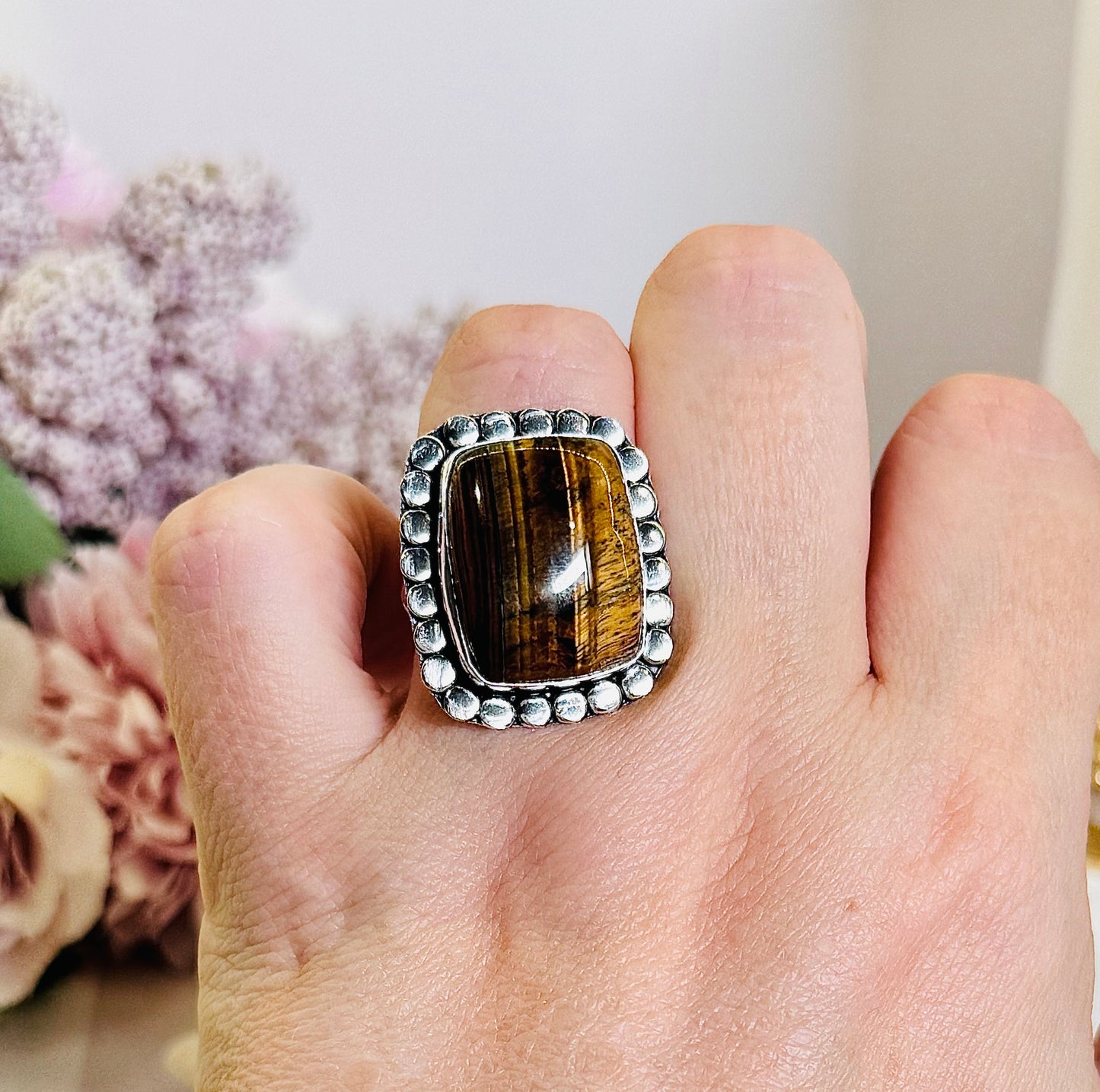 Large Natural Tigers Eye Adjustable Ring In Gift Bag