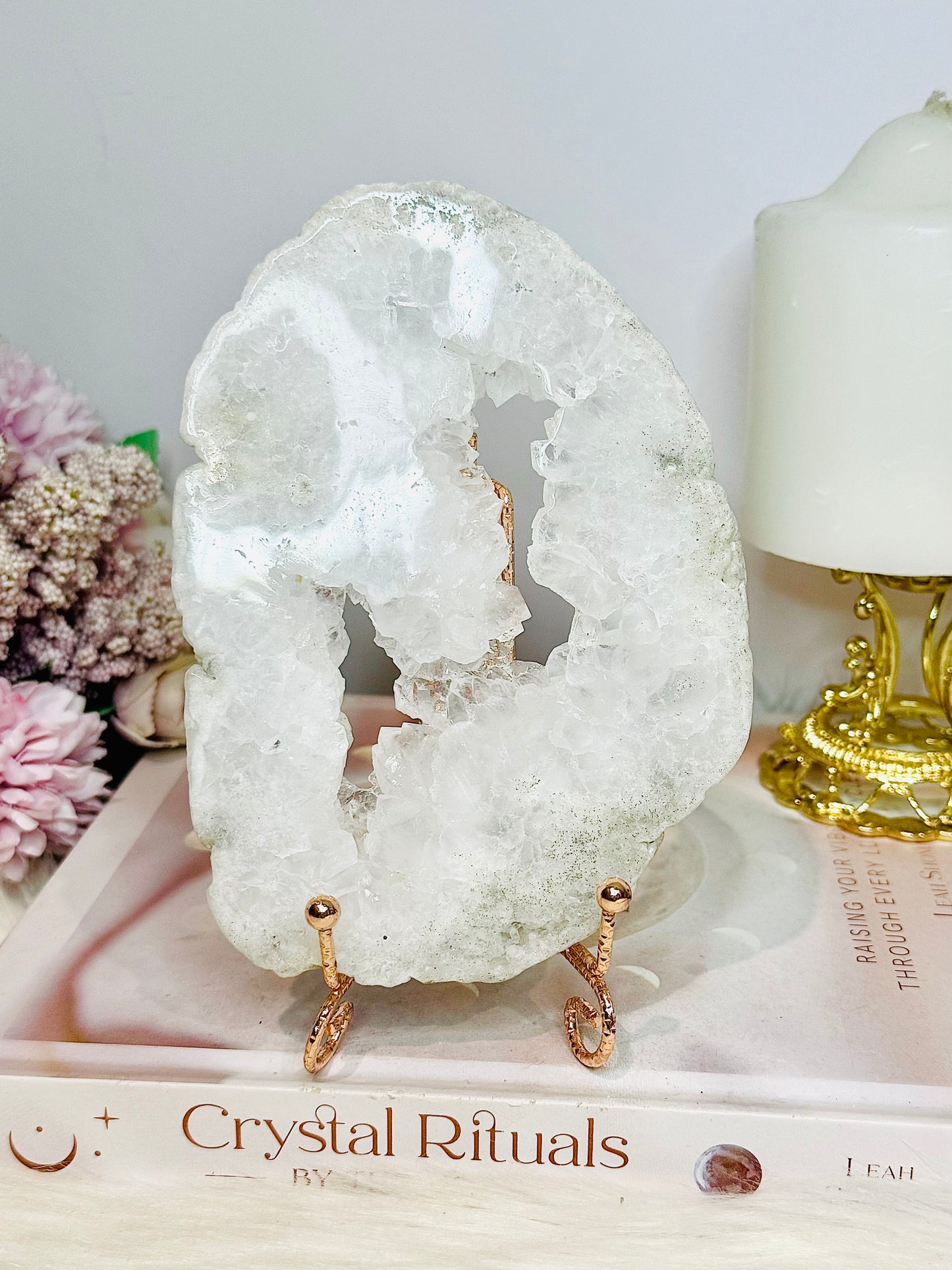 Clear Quartz Natural Druzy Slab 15cm on Glittery Rose Gold Stand