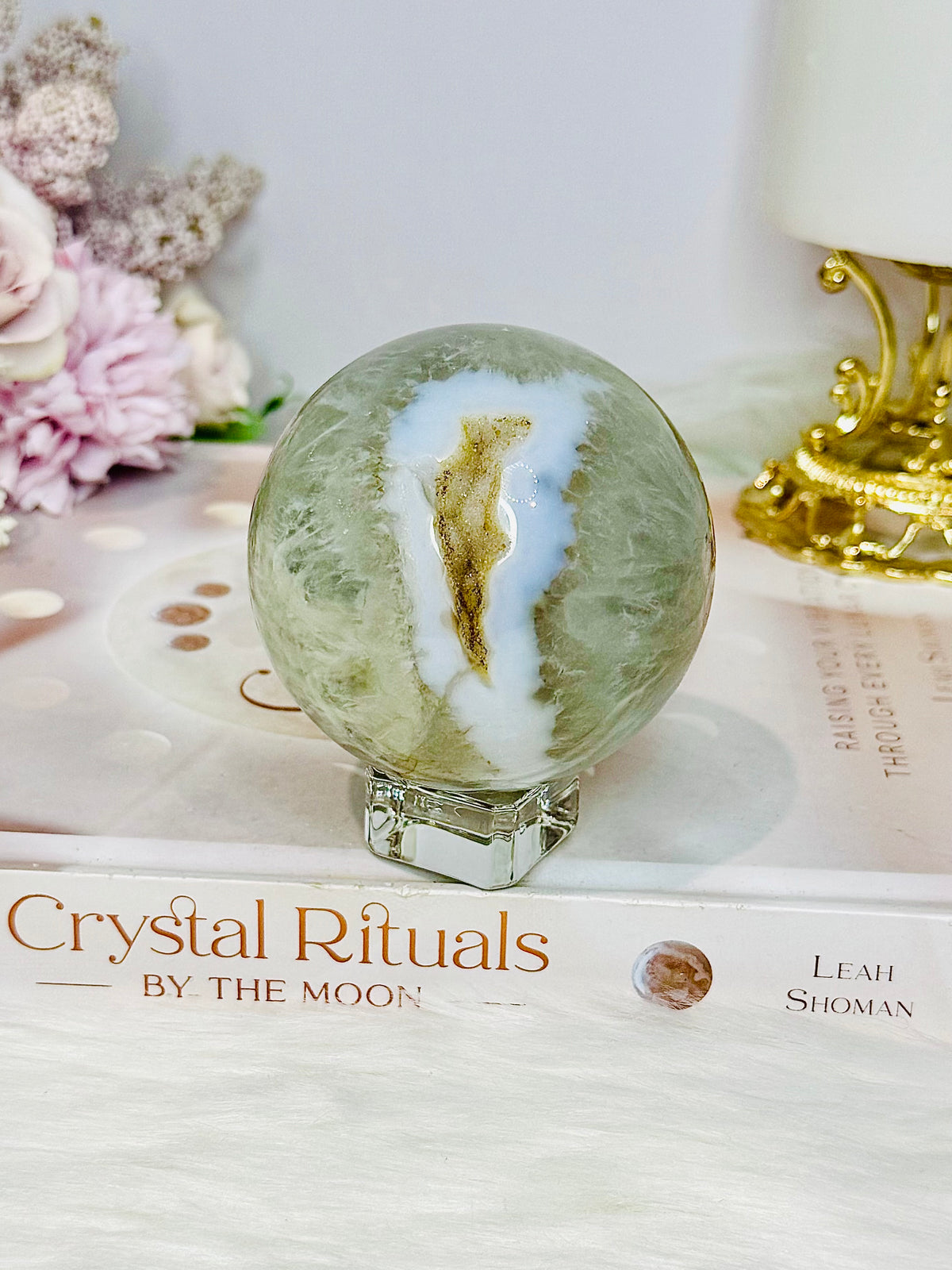 Large Green Flower Agate Sphere On Stand 369g