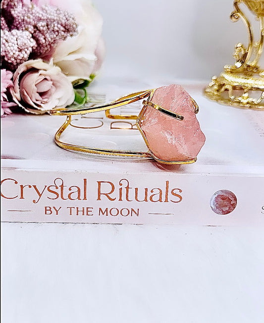 High Grade Raw Rose Quartz Chunky Adjustable Gold Plated Bracelet From Brazil In Gift Bag