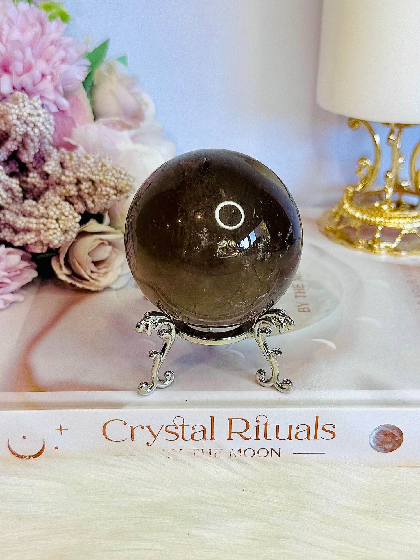 Beautiful 265gram Smokey Quartz Sphere with Rainbow on Stand