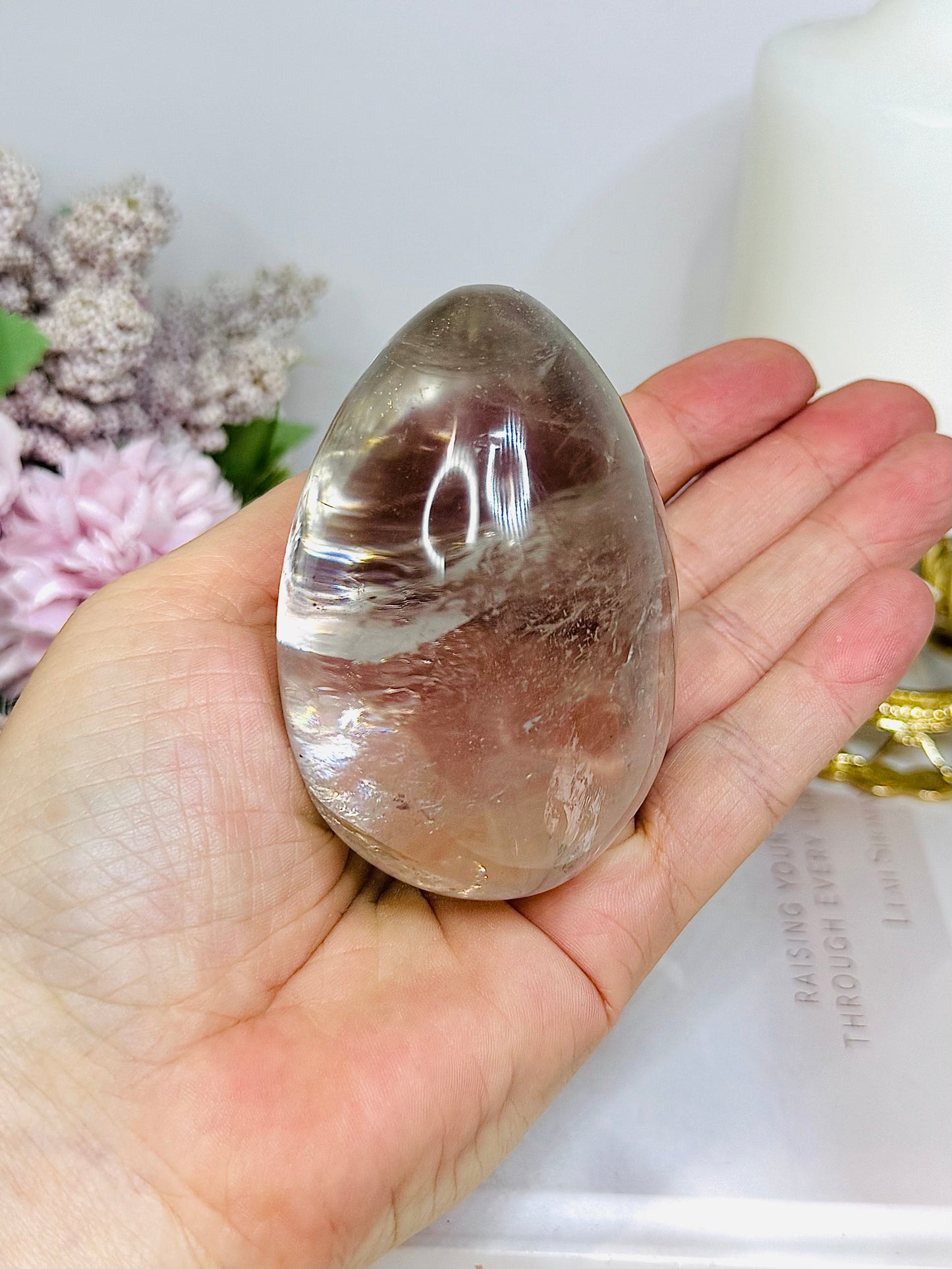 Large Quartz Egg On Stand with Rainbows 280g