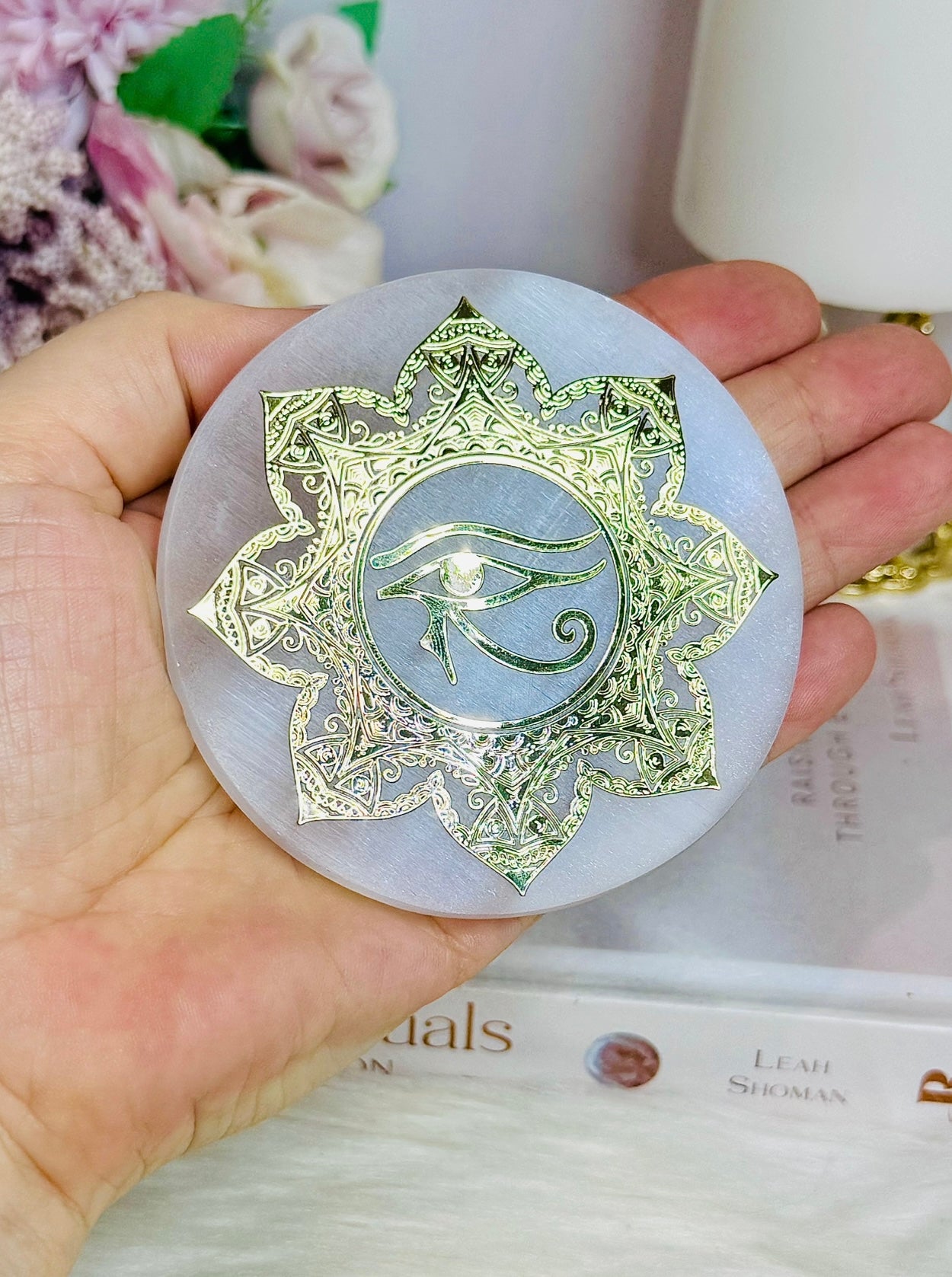 Selenite Slab with Gold Third Eye Carving on Stand 9cm