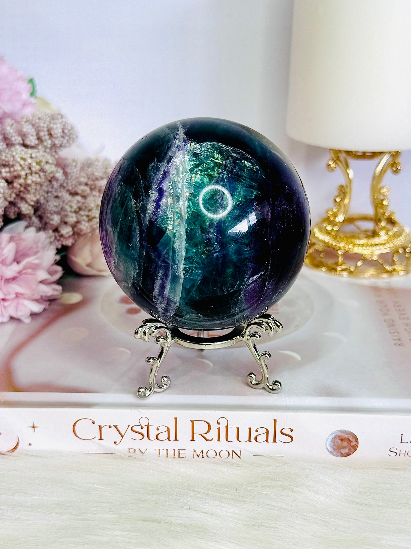 Incredibly Stunning Large 598gram Rainbow Fluorite Sphere On Stand with Amazing Rainbows