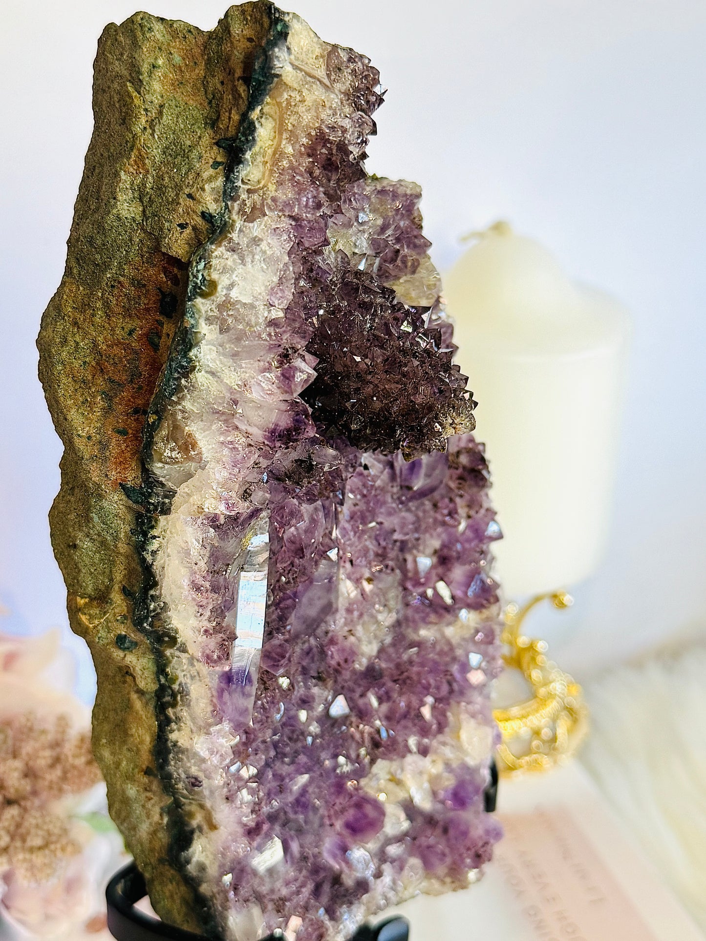 High Grade Amethyst Natural Cluster Slab with Stalactite Formations On Custom Stand 23cm 1.03KG