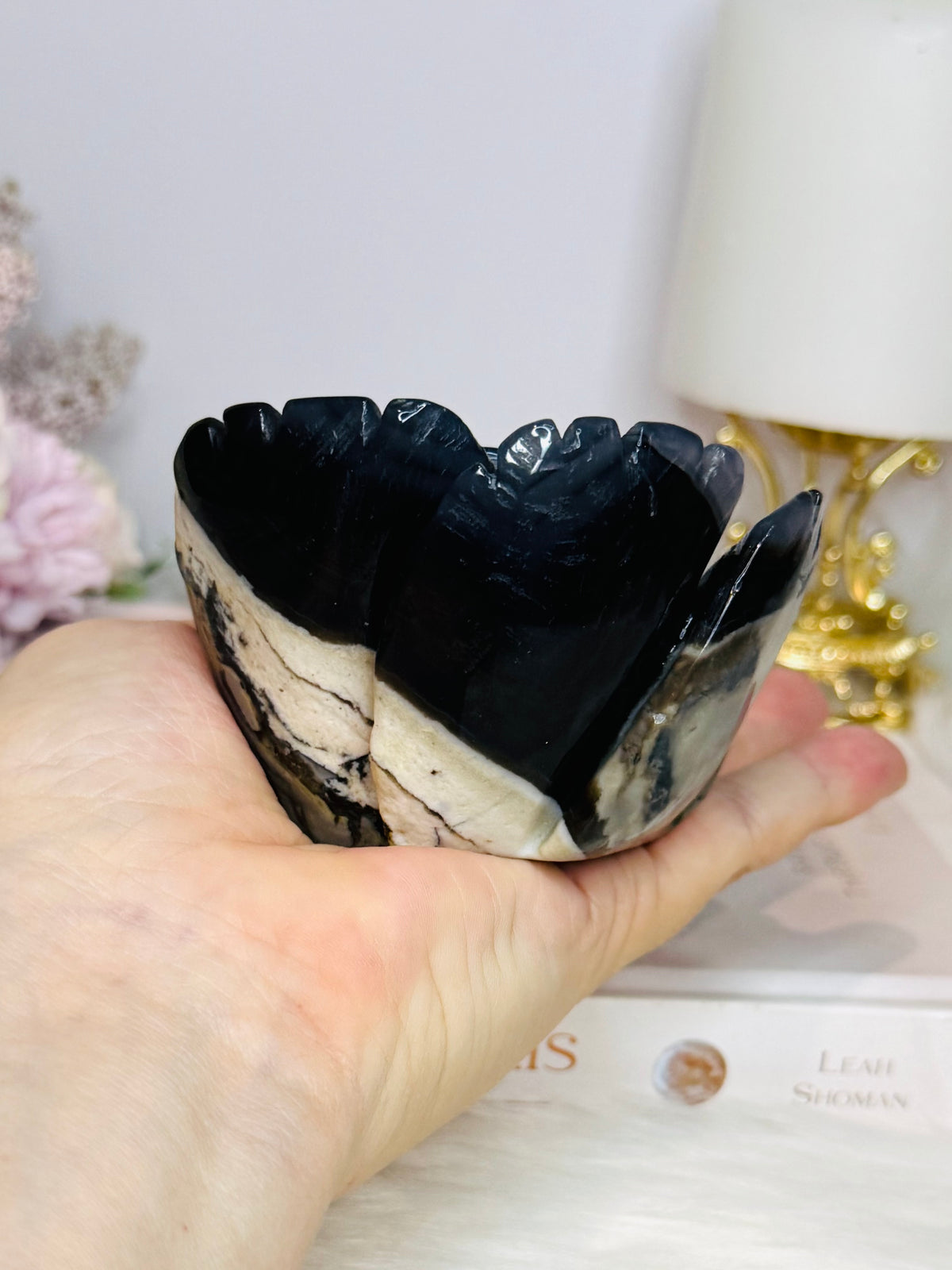 Large Volcano Agate (UV Reactive) Carved Flower 386g
