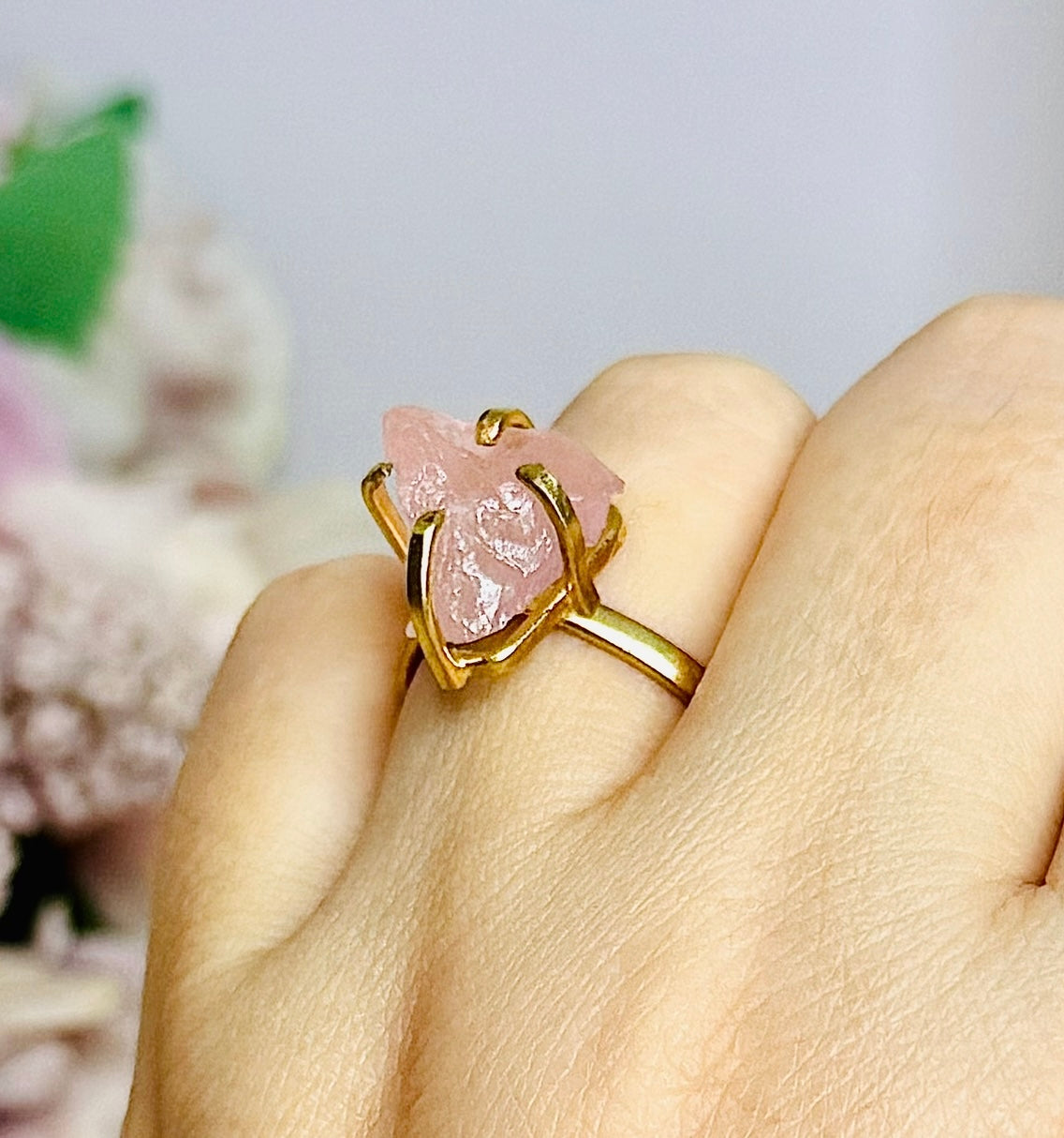 Natural Rose Quartz Gold Plated Adjustable Ring From Brazil ~ In Gift Bag