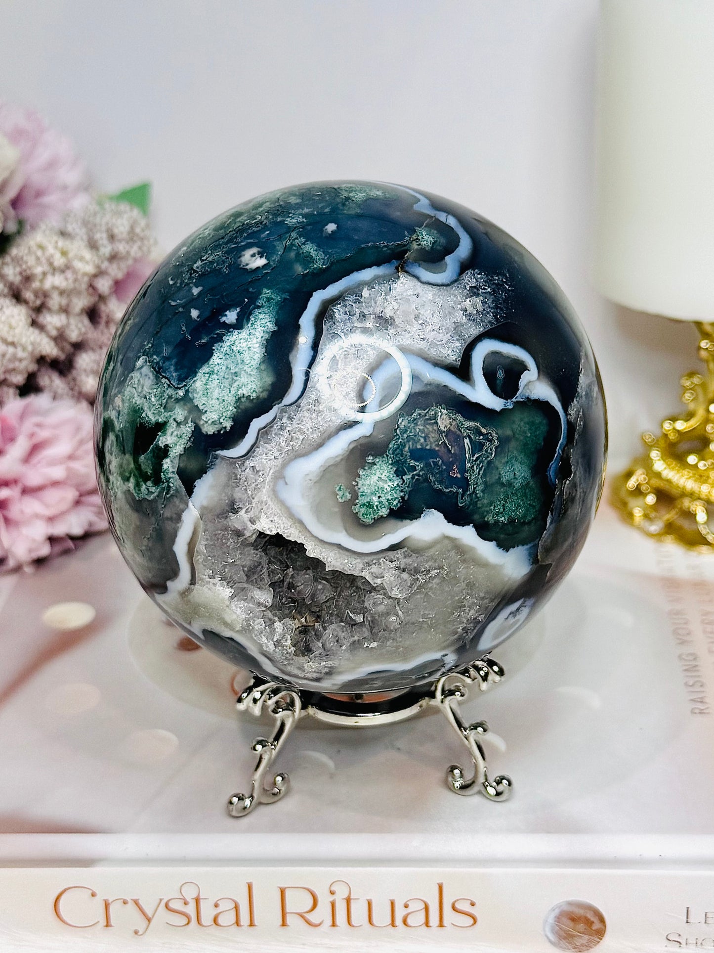 High Grade Druzy Moss Agate Sphere on Stand 1.09KG