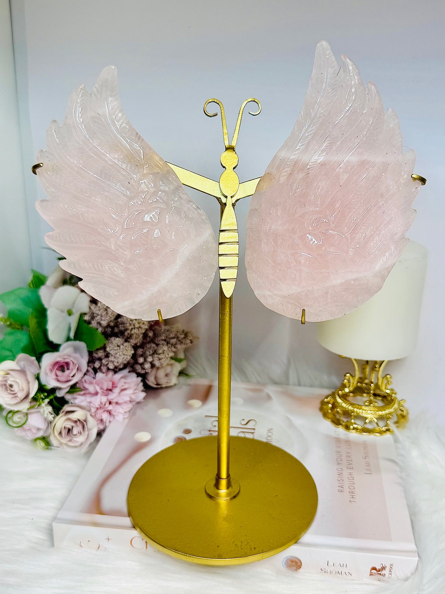 Large Chunky Rose Quartz Butterfly Wings on Gold Stand 26cm 944g