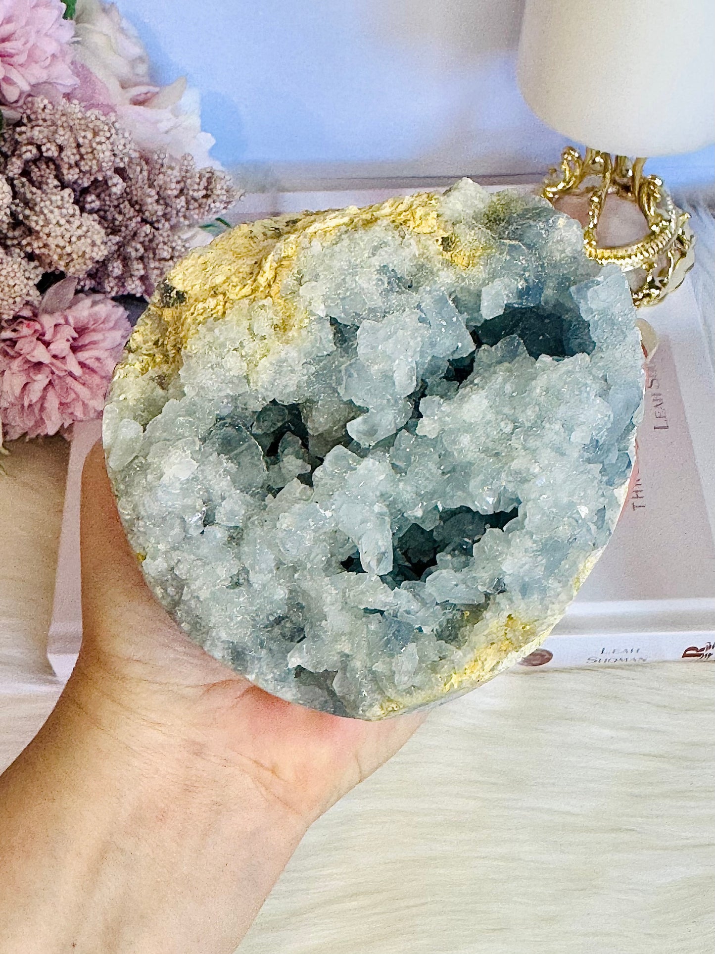 Huge Divine Natural Blue Celestite Druzy Geode | Sphere on Stand 1.65KG