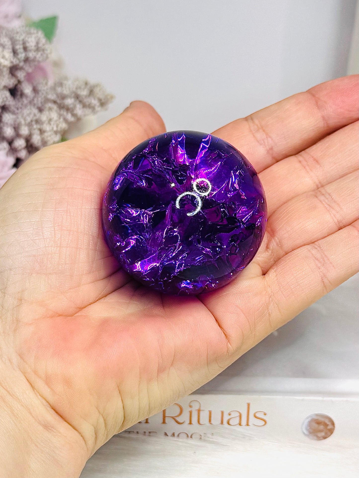 Purple Fire & Ice Crackle Quartz Sphere (dyed) On Stand 145g