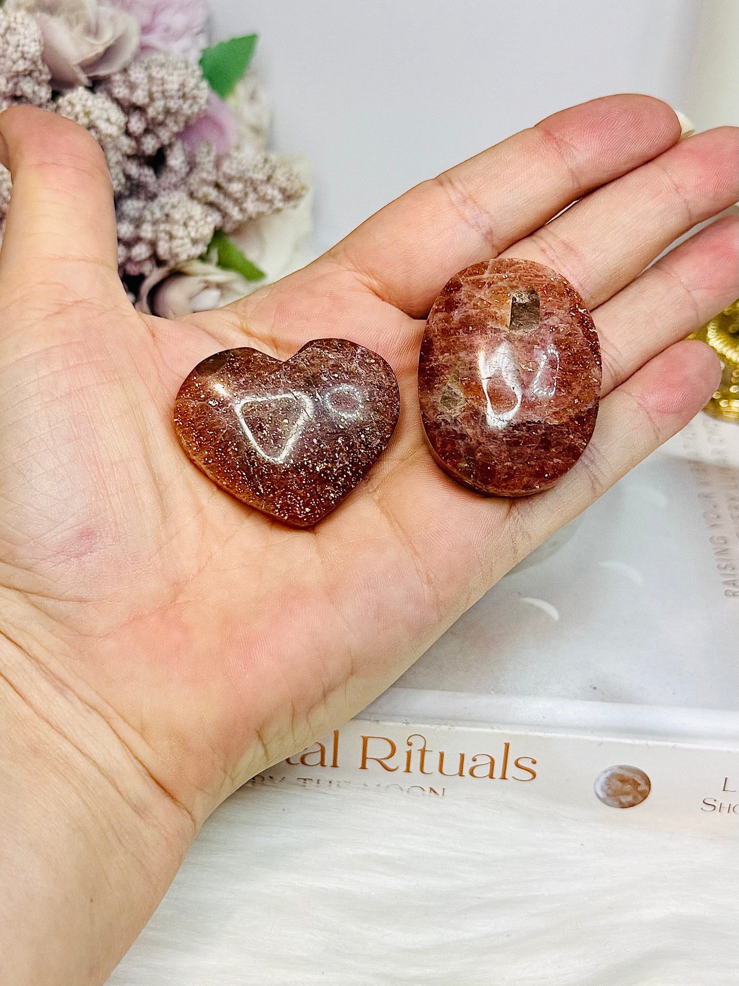 High Grade Shimmering Sunstone with Moonstone Heart & Palm Stone Set