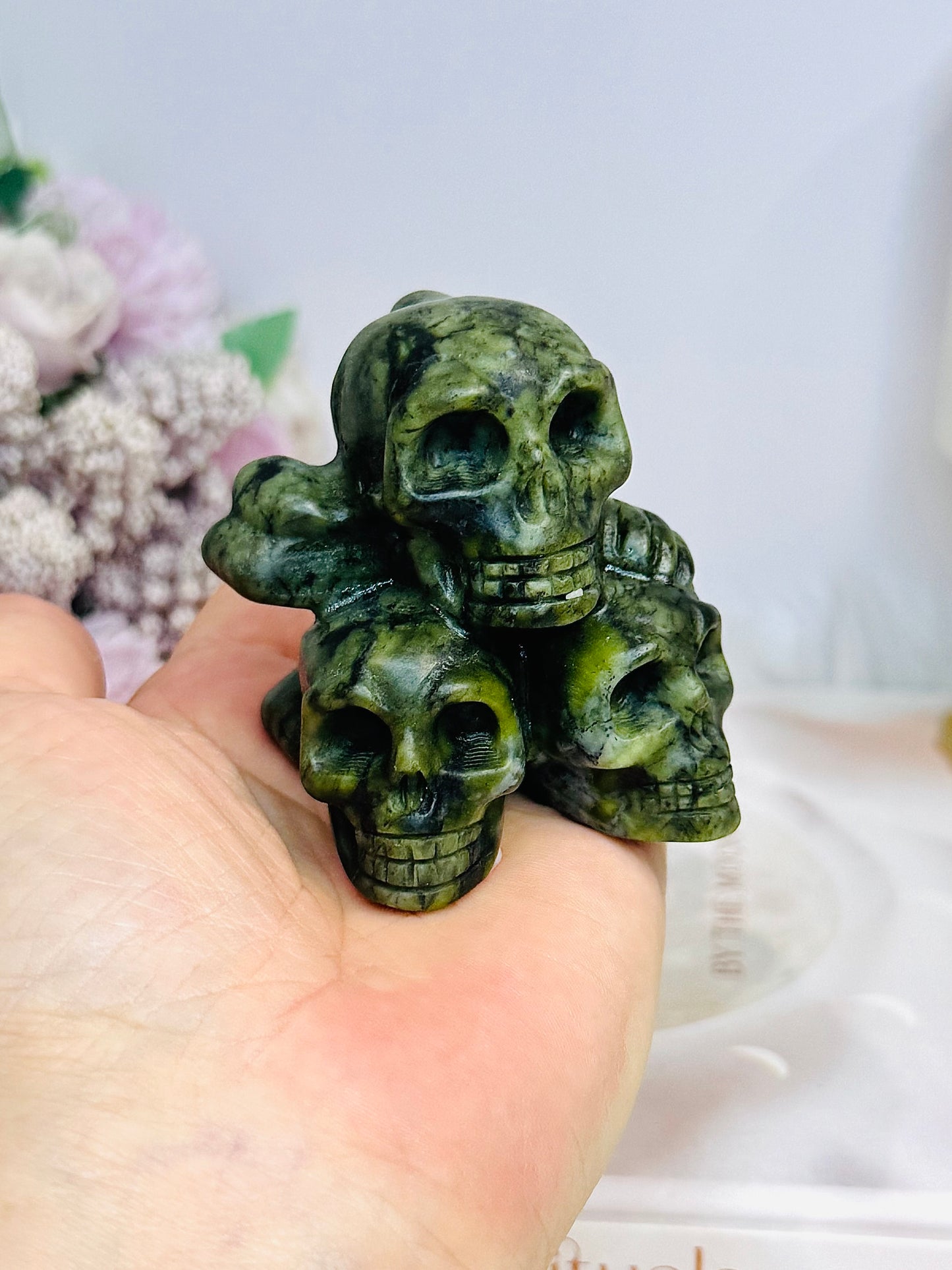 Green Jade 3 Skull & Cross Bones Carving 7cm