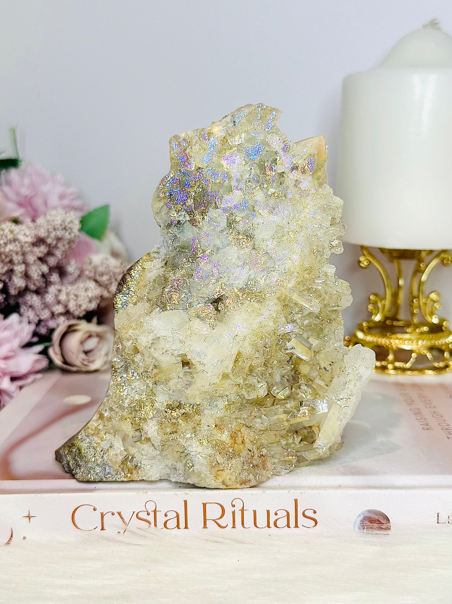 Large 683gram Aura Quartz Owl ~ See Back For Amazing Cluster Detail