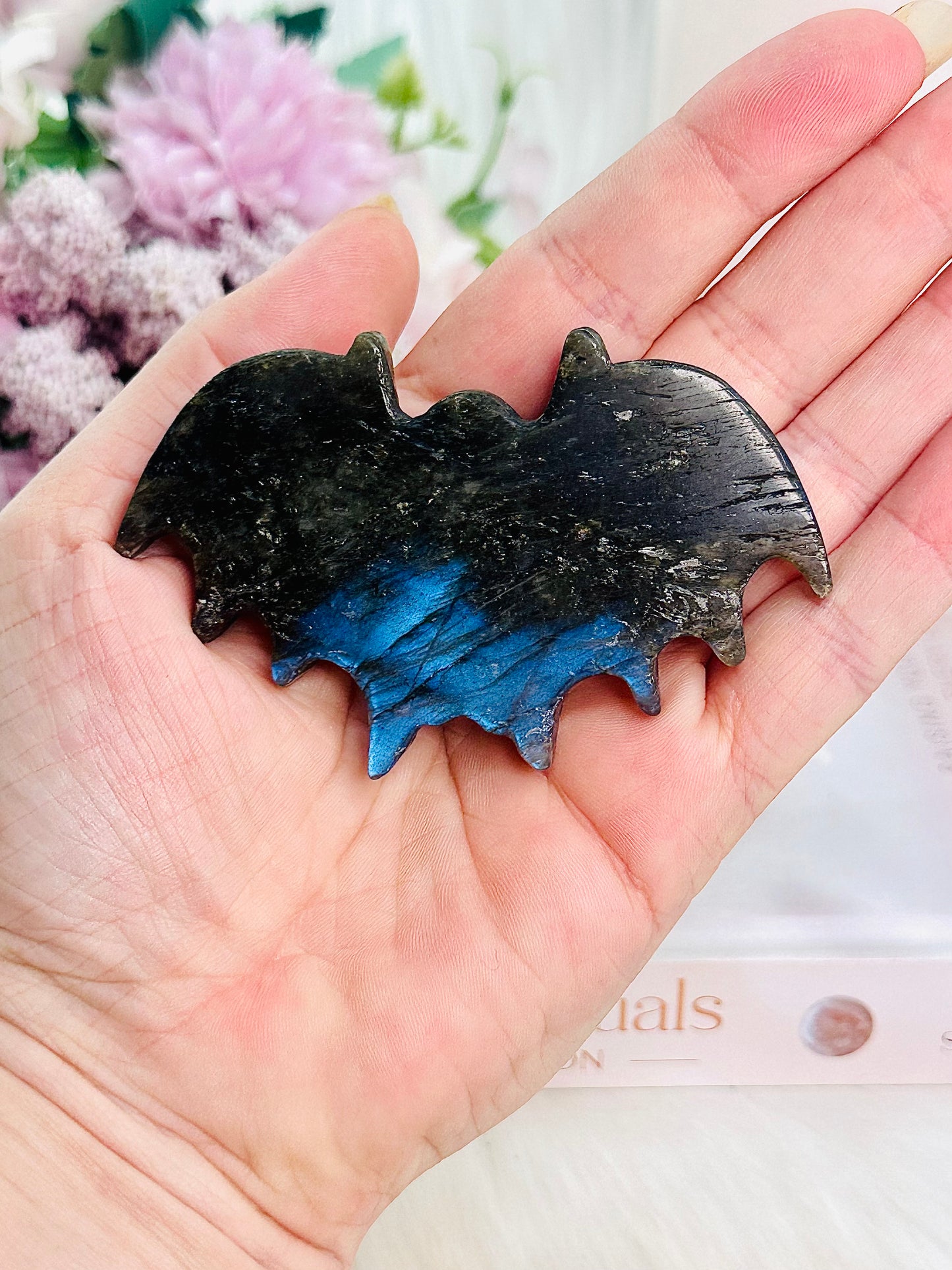 Beautifully Carved Labradorite Halloween Bat Full of Blue Flash