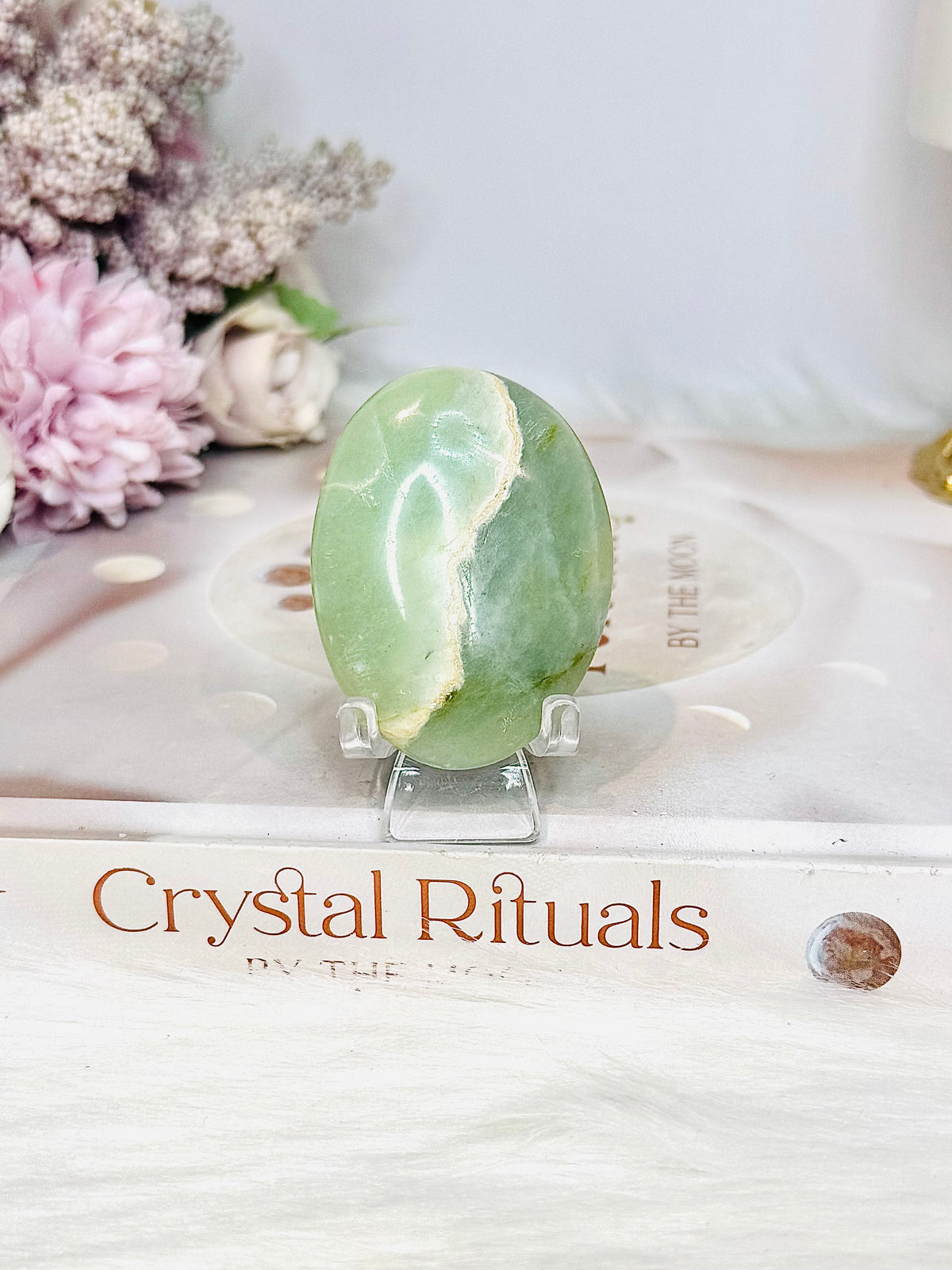 Green Moonstone Palm Stone (stand is display only)