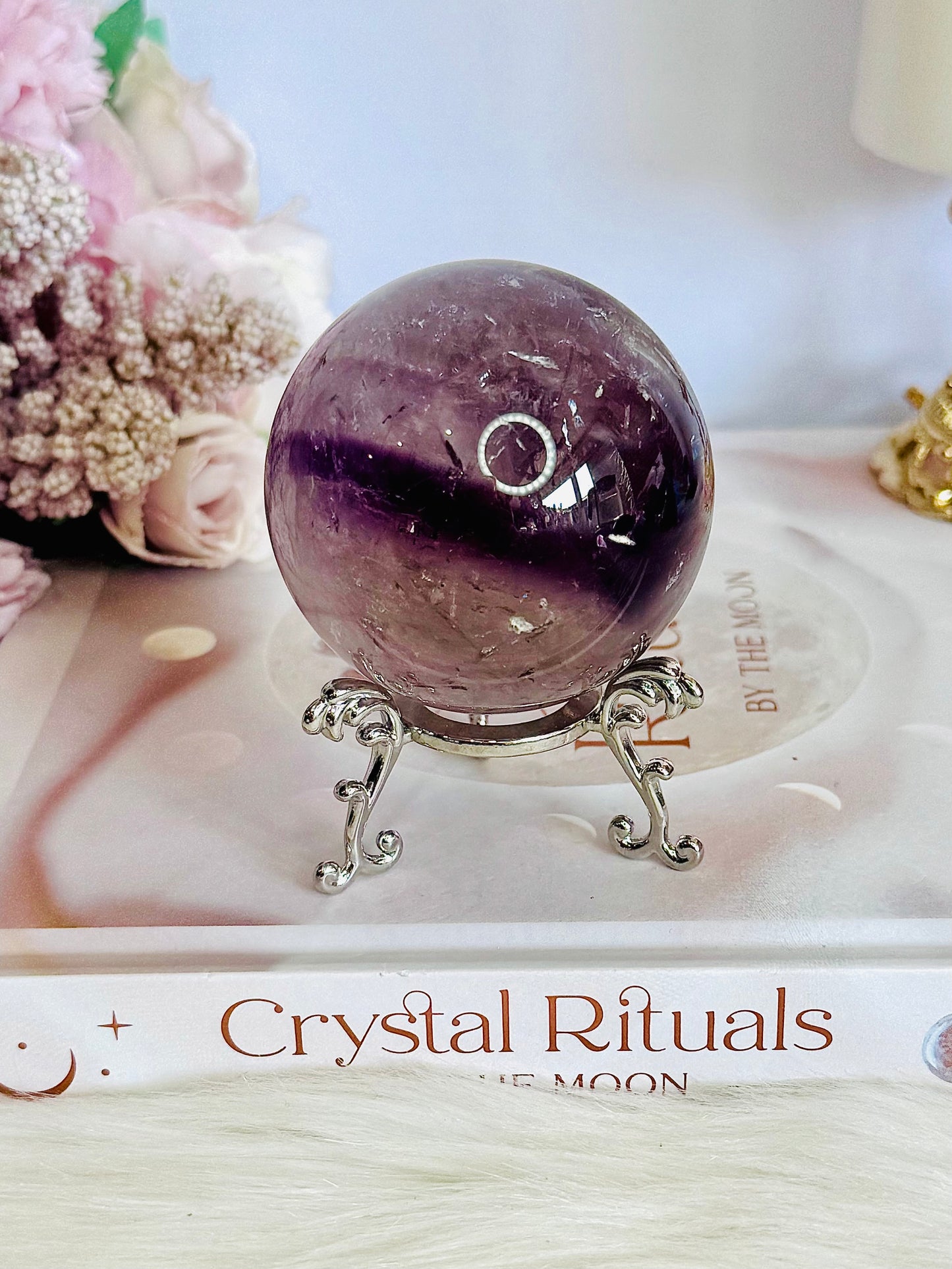 Incredible Phantom Amethyst Sphere with Rainbows 261grams On Stand