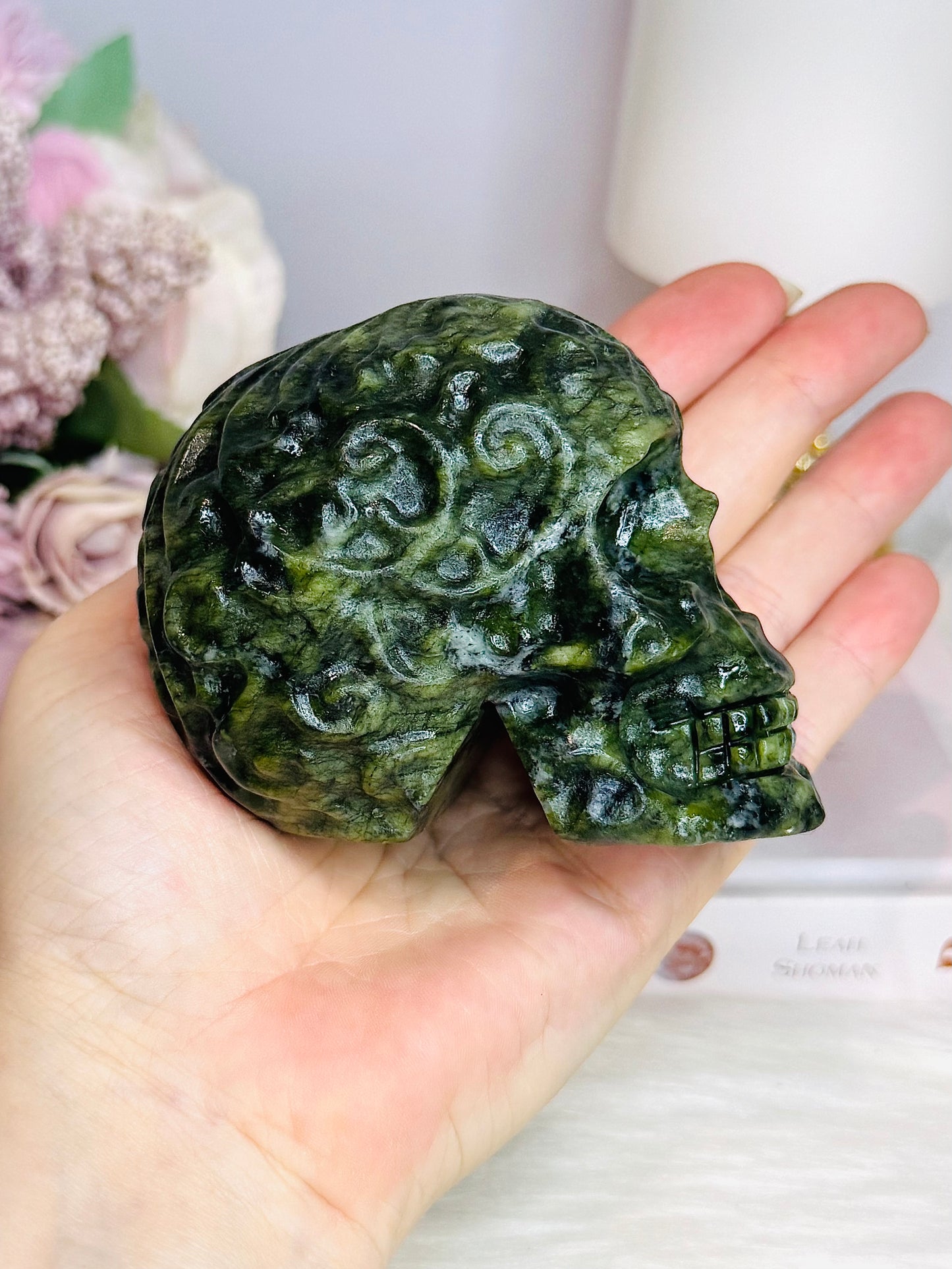 Green Jade Filigree Carved Skull 9cm