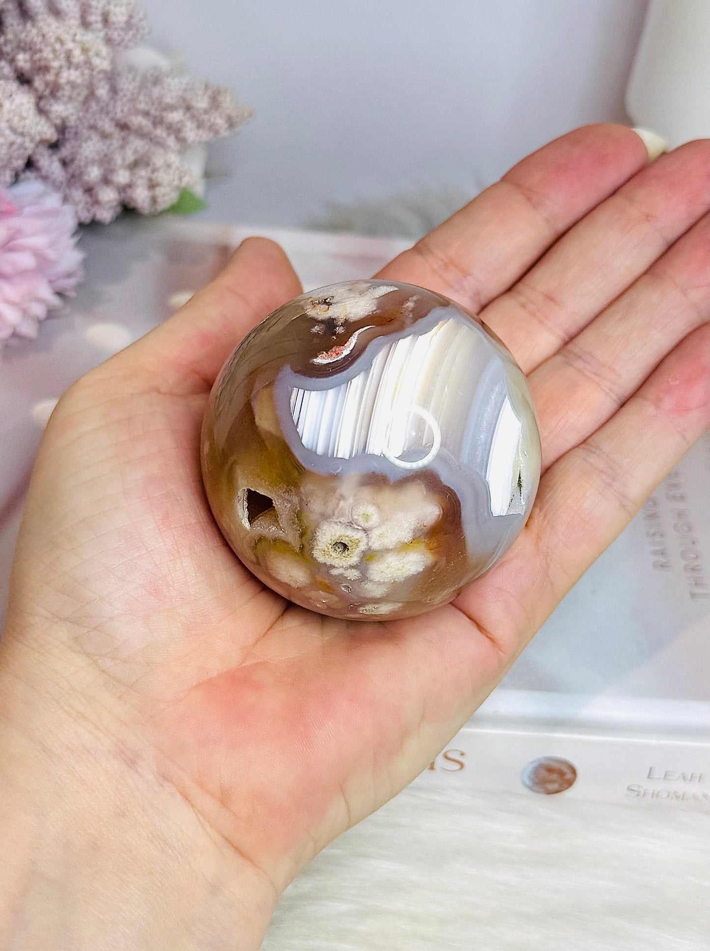 Flower Agate Druzy Sphere on Stand 250g